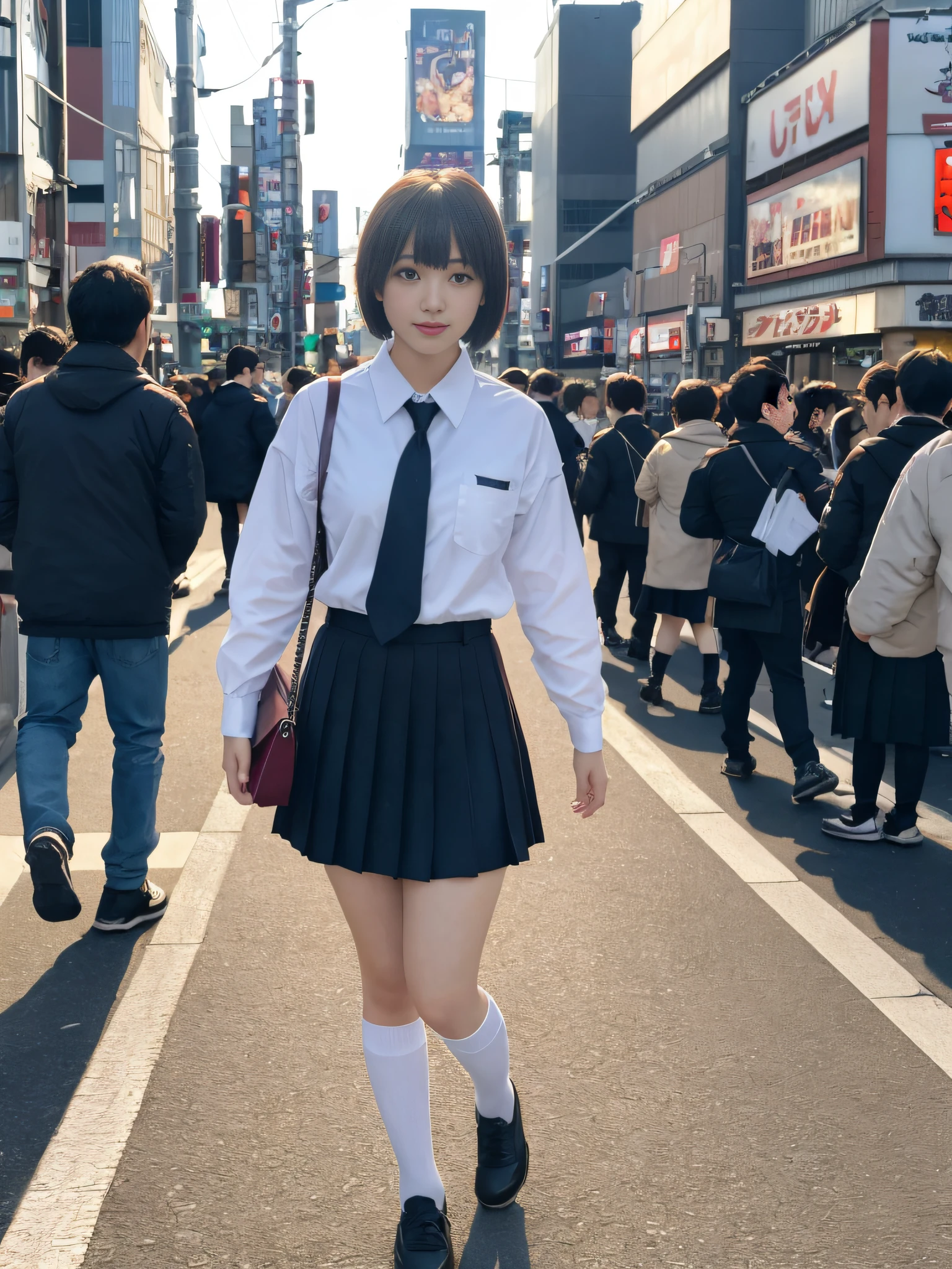 Ultra top quality, masterpiece, ultra high resolution, (photorealistic: 1.4), highly detailed CG Unity 8k wallpaper, detailed and complex, incredibly absurd, original, high resolution, raw photo, (perfect body shape), finely complex, dslr, soft lighting, high quality, film grain, depth of field, background blur, Leica camera, 50mm lens, backlight, HDR, Hyperrealistic, Color Grade, Dynamic Pose, Portrait, Japan Person, Smile, Lips, Bangs, (Crowded Akihabara: 1.2), Short Hair, Front View Viewer, Natural Light, Girl, 20 Years Old, Full Body, Solo, Student, High School, Uniform, Cute High School Girl, Bobby Socks, Skirt, Daytime, On the Street, Deep Shadow, Cute, Beauty, Unobtrusive, Cold Light 12000K \ \ Street, Shop Frontier, Akihabara, Shinjuku, Shibuya, Ikebukuro, Detailed Realistic, Skin Texture, Super Detailed, Realistic Skin Texture, (dramatic, award-winning photos, incredible masterpiece: 1.3)