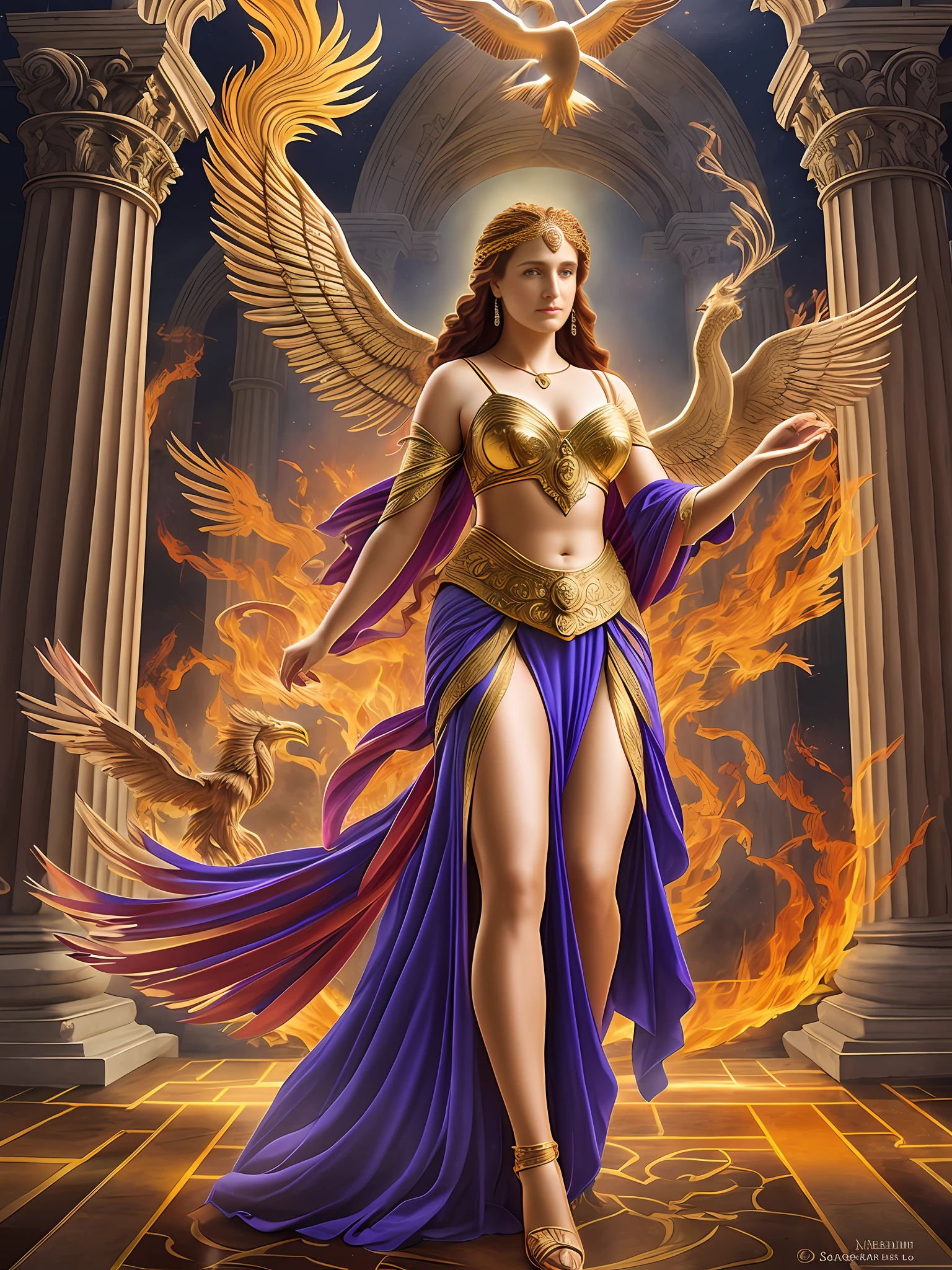 Medea with a Phoenix: Medea, the sorceress and tragic figure from Greek mythology, shares a bond with a resplendent Phoenix. The Phoenix serves as a symbol of rebirth and transformation, reflecting Medea's complex character and her ability to rise above her circumstances.