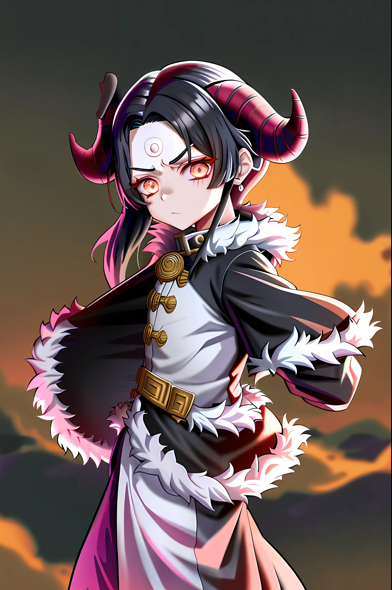 Kimetsu no yaiba, Boy with horns, anime version, long black hair, defined body, moonlight background, goat horn, details in black hair, 8k, hyper-detailed, perfect picture, cinematic lighting, hdr