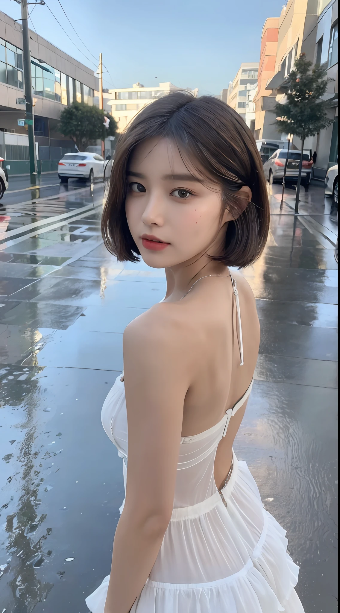 ((Best Quality, 8K, Masterpiece:1.3)), Focus:1.2, Perfect Body Beauty:1.4, Buttocks:1.2, (Layered Haircut:1.2)), (Rain, Street:1.3), Bandeau Dress:1.1, Highly Detailed Face and Skin Texture, Delicate Eyes, Double Eyelids, Whitened Skin, medium short Hair, (Round Face: 1.5)