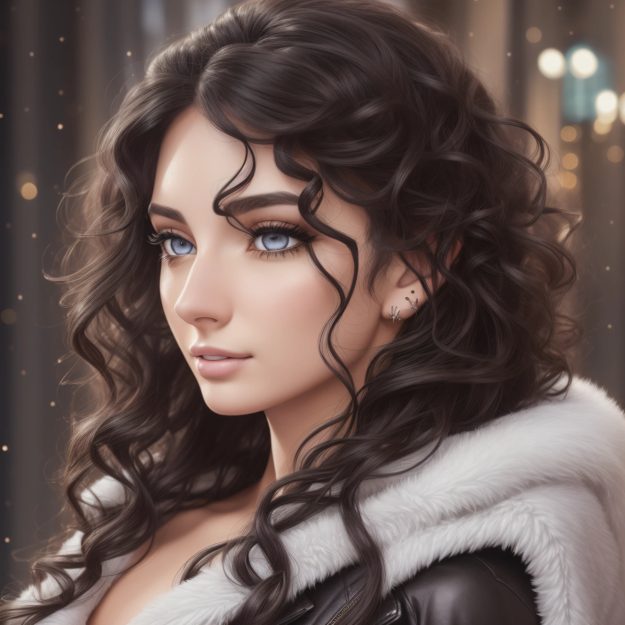 (Detailed Lights, Detailed Shadows), 1Woman, Curly Black Hair, White Coat, ((Detailed Eyes)), Close-up, Portrait, ((Dark Brown Eyes)), (((Nose Piercing)), Extremely Detailed Clothes, ((Modern Clothes)), Beautiful, Muscular, Hair Down, Extremely Detailed Background, Beautiful Background