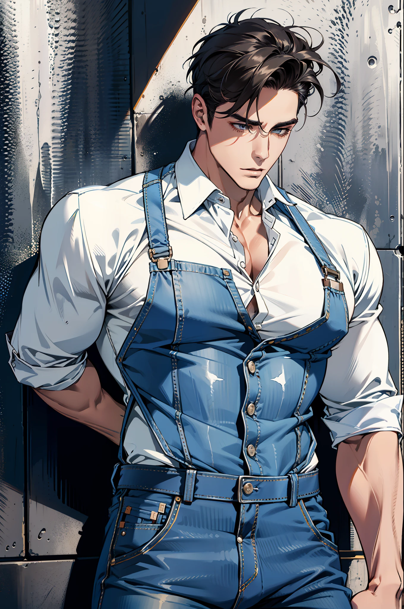 Handsome guy with delicate perfect handsome handsome face, wearing denim suspenders, leaking toned muscles, the best quality, the highest details, superior quality, natural lighting, sexiness, correct anatomy, good composition, masculine shape, masculine, bulge, huge bulge