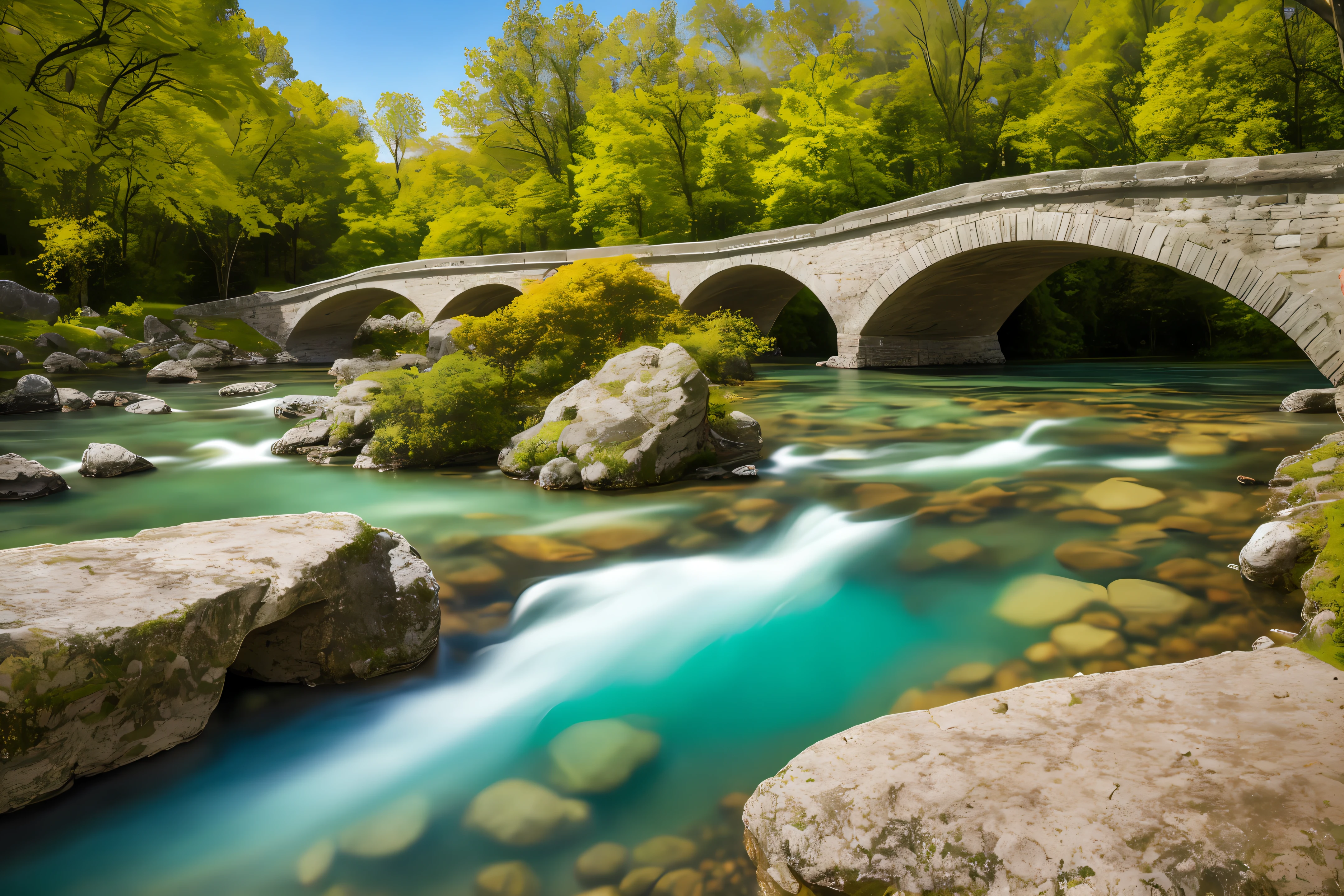 Bucolic landscape with Roman bridge and crystal clear river inside which there are stones rolled and eroded by running water, 4K