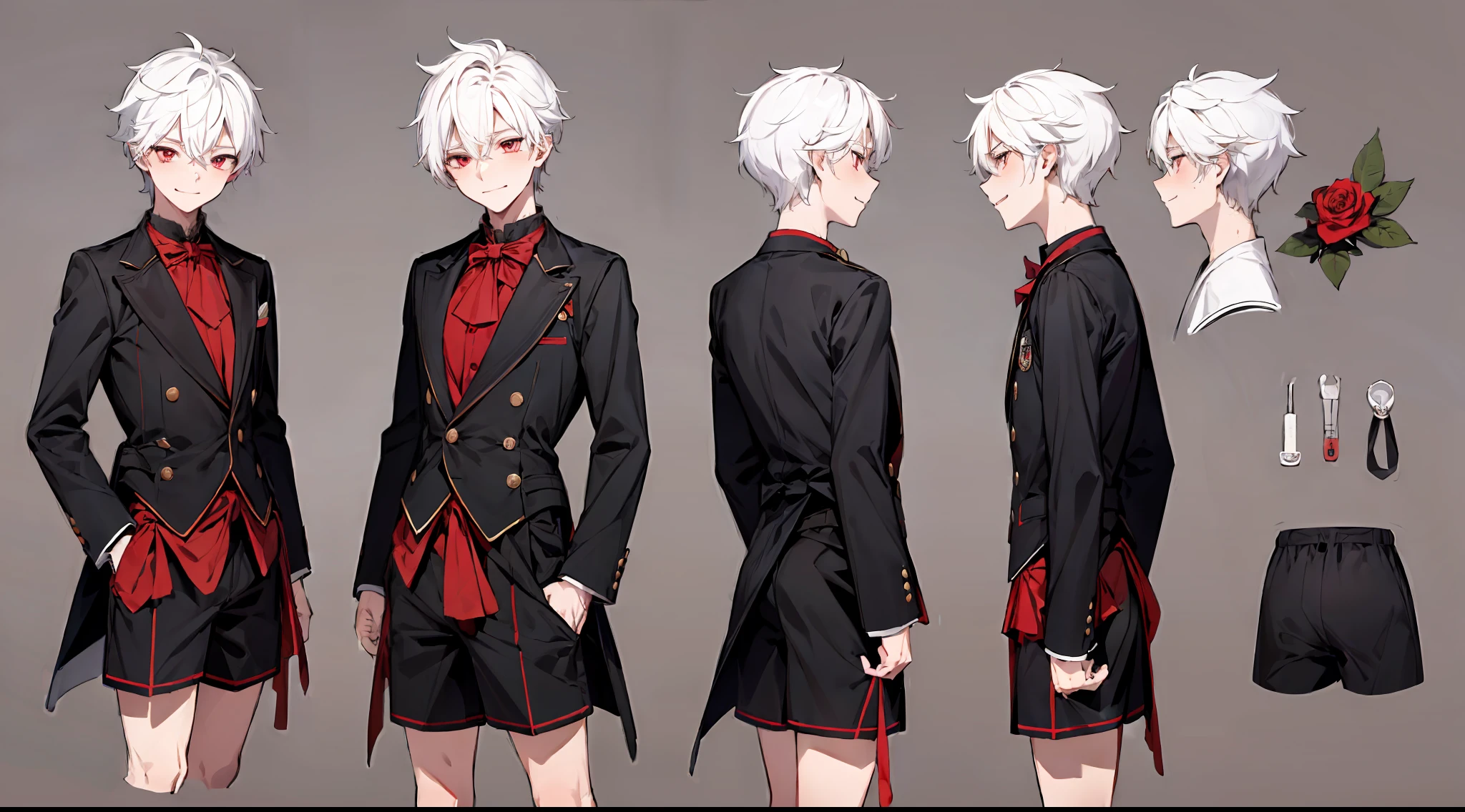 ((masterpiece)),(((best quality))),(character design sheet,same character,front,side,back), Reference sheet of a cute boy, short white hair, red eyes, smiling, black sailor outfit with short shorts, red rose as accessory, detailed face, detailed hair, (simple background, white background: 1.3)