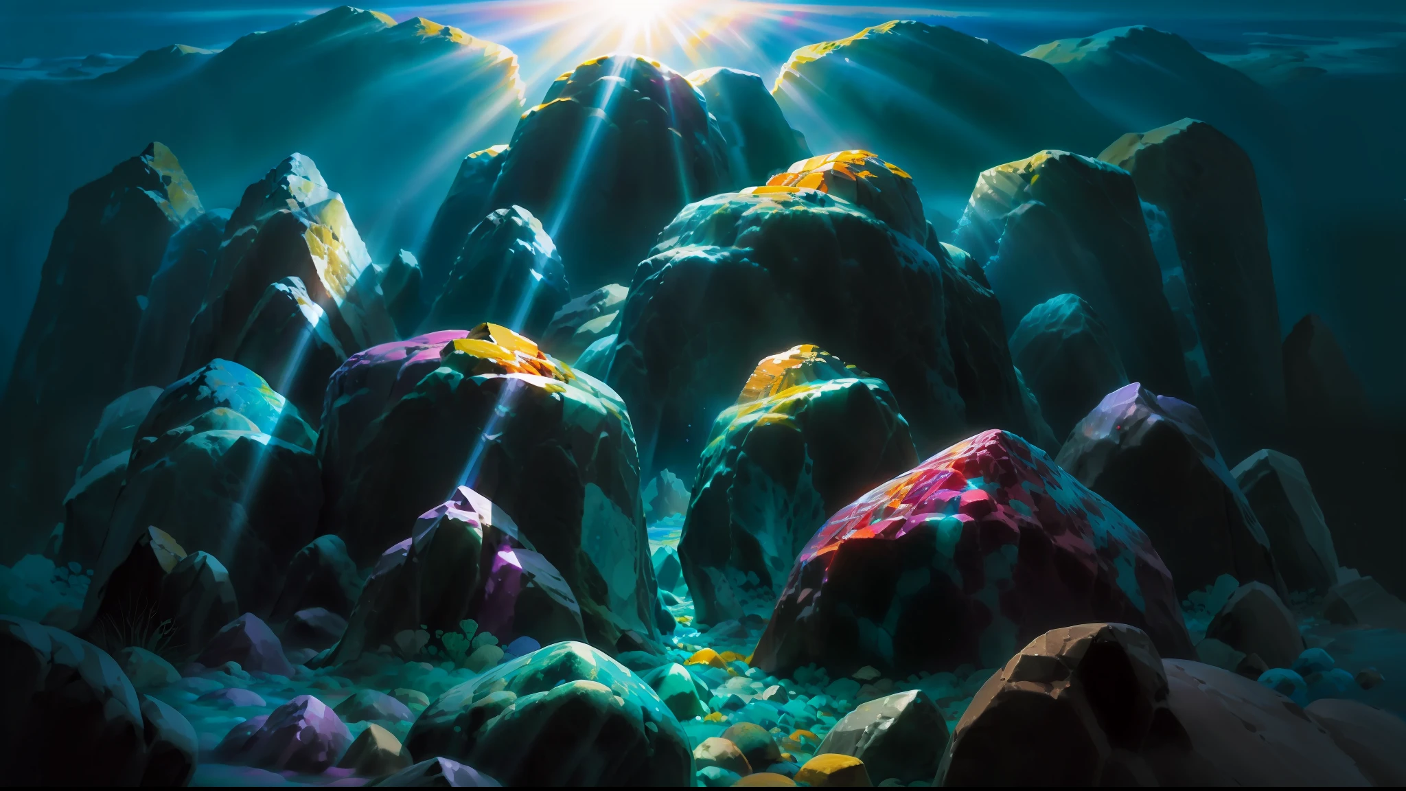 underwater world full of colorfull crystals, sunlight from above