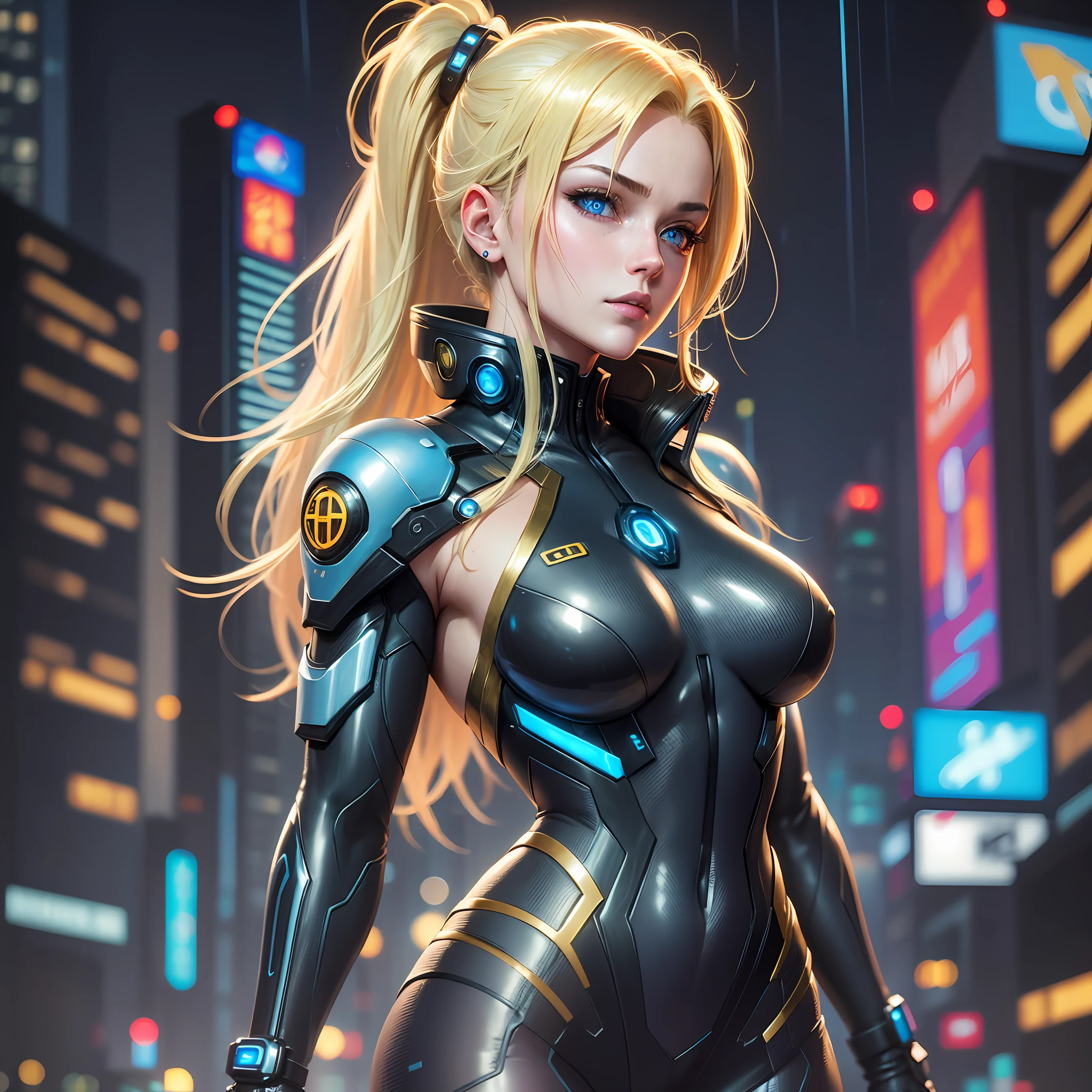 Realistic Detailed Beaultiful CyberPunk Woman, Blonde Hair, Blue Eyes, Perfect Athletic Body, Ghost in the Shell Golden and Black Suit, Night City Alley, Rainy Night Night --auto --s2