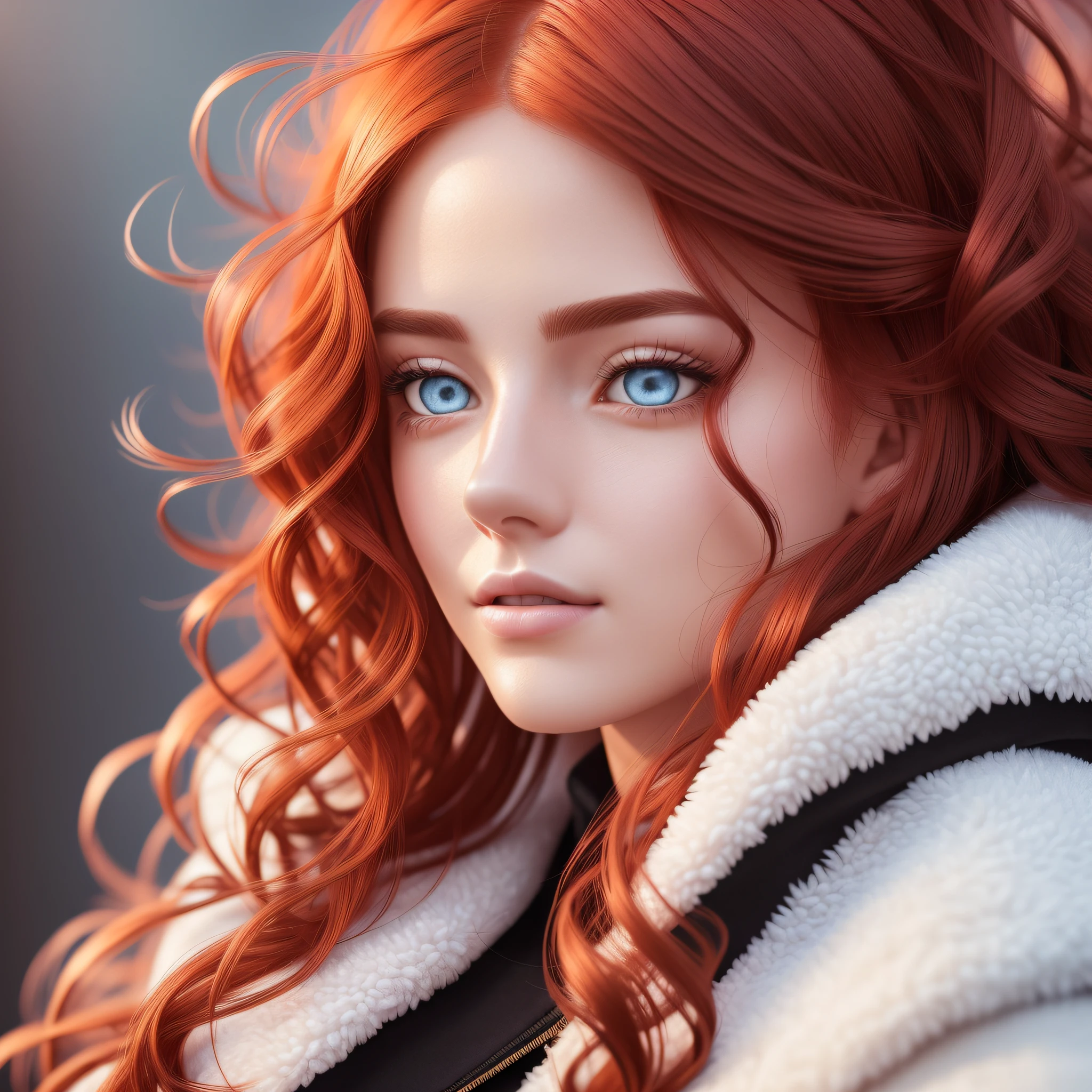 (Detailed Lights, Detailed Shadows), 1Woman, Curly Red Hair, White Coat, ((Detailed Eyes)), Close-up, Portrait, (Black Eyes), Extremely Detailed Clothes, ((Modern Clothes)), Beautiful Hair, Muscular, Hair Down, Extremely Detailed Background, Beautiful Background --auto --s2