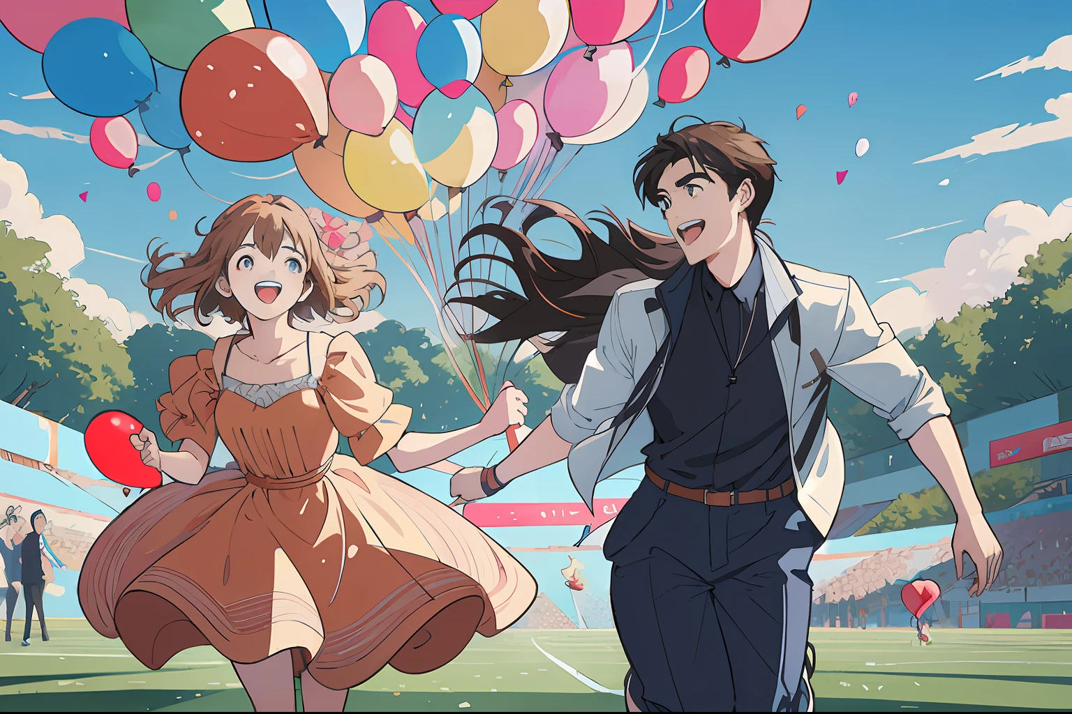 anime characters running with balloons in a stadium, official fanart, high quality fanart, lofi artstyle, official art, official anime artwork, official anime still, official artwork, in the art style of 8 0 s anime, official illustration, anime visual style, anime style illustration, 2022 anime style, beautiful anime art style, 2 0 2 2 anime style