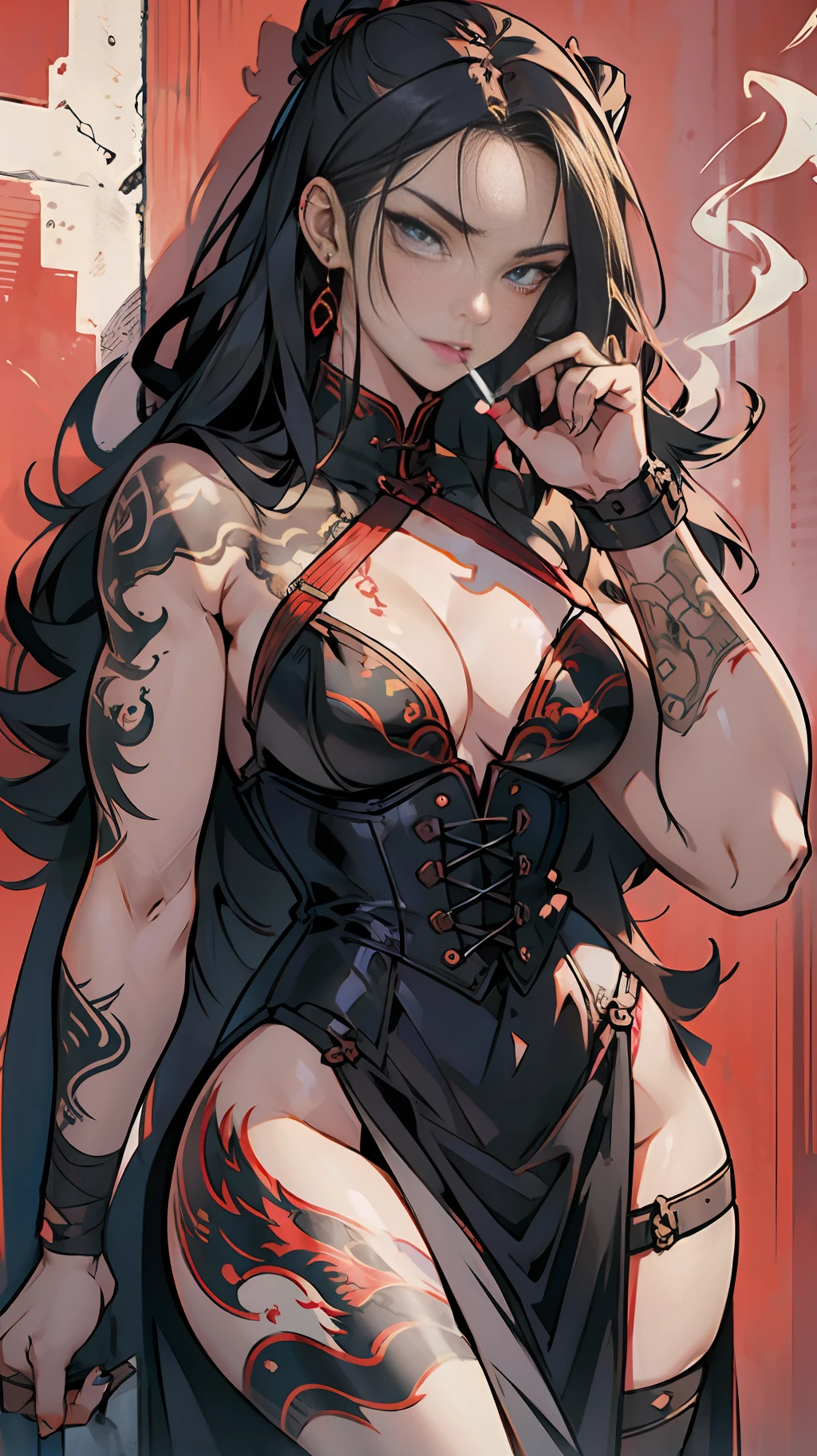 Has an anime poster featuring tattoos, girl, young and dangerous, medium long hair, curly hair hanging down, quirky boy, delicate dragon tattoo on the upper body, lean figure, three-dimensional facial features, fierce and fierce eyes, bandage wrapped corset, background is leaning against the wall, light a cigarette with a lighter, red background, dragon art, manga style art, light red and light black,