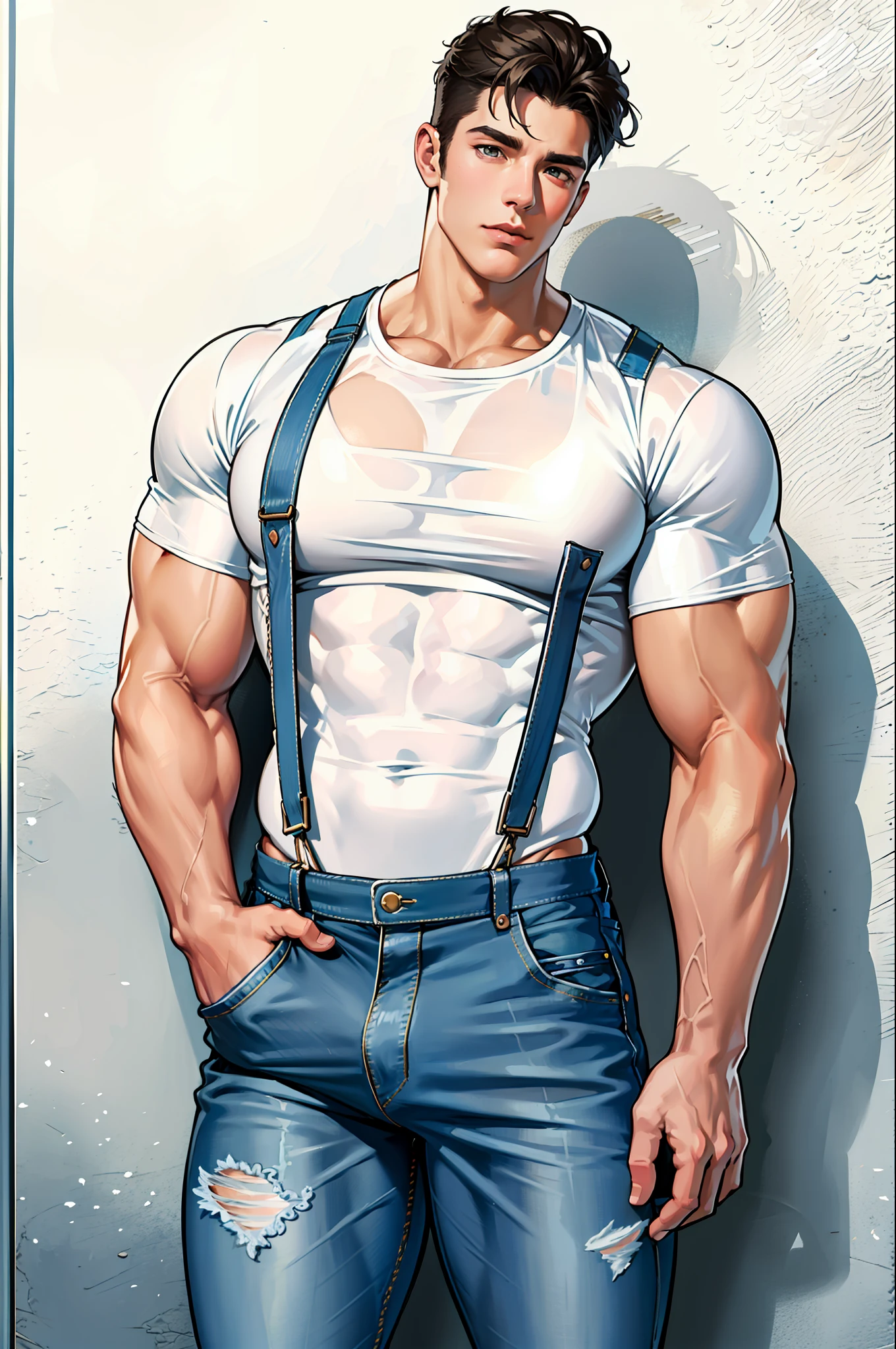 Handsome guy with delicate perfect handsome handsome face, wearing denim suspenders, leaking toned muscles, the best quality, the highest details, superior quality, natural lighting, sexiness, correct ???????, good composition, masculine shape, masculine, bulge, huge bulge