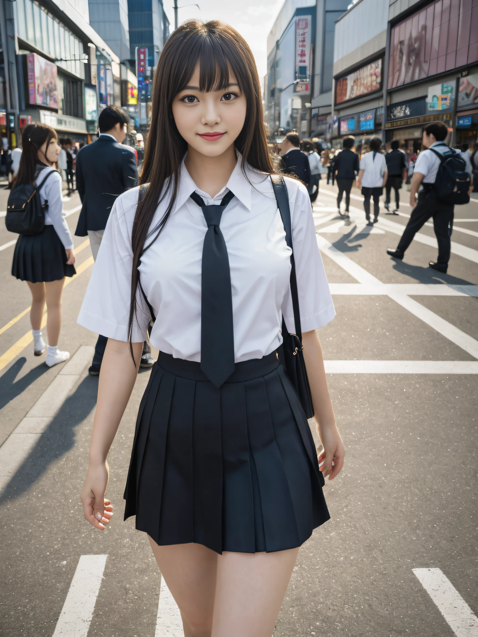 Ultra top quality, masterpiece, ultra high resolution, (photorealistic: 1.4), highly detailed CG Unity 8k wallpaper, detailed and complex, incredibly absurd, original, high resolution, raw photo, (perfect body shape), finely complex, dslr, soft lighting, high quality, film grain, depth of field, background blur, Leica camera, 50mm lens, backlight, HDR, hyperrealistic, color grade, dynamic pose, portrait, Japan, smile, lips, bangs, (crowded akihabara: 1.2), front view viewer, natural light, girl, 20 years old, full-body, solo, student, high school, uniform, cute schoolgirl, bobby socks, skirt, daytime, on the street, deep shadow, cute, beauty, discreet, cold light 12000k\Street, store stateAkihabara, Shinjuku, Shibuya, Ikebukuro, detailed realism, skin texture, ultra-detailed, realistic skin texture, (dramatic, award-winning photos, incredible masterpieces: 1.3)