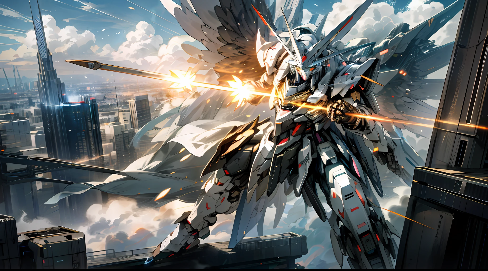 sky, cloud, holding_weapon, no_humans, glowing, building, glowing_eyes, gundam mecha with wings , science_fiction, city, realistic, high detail,