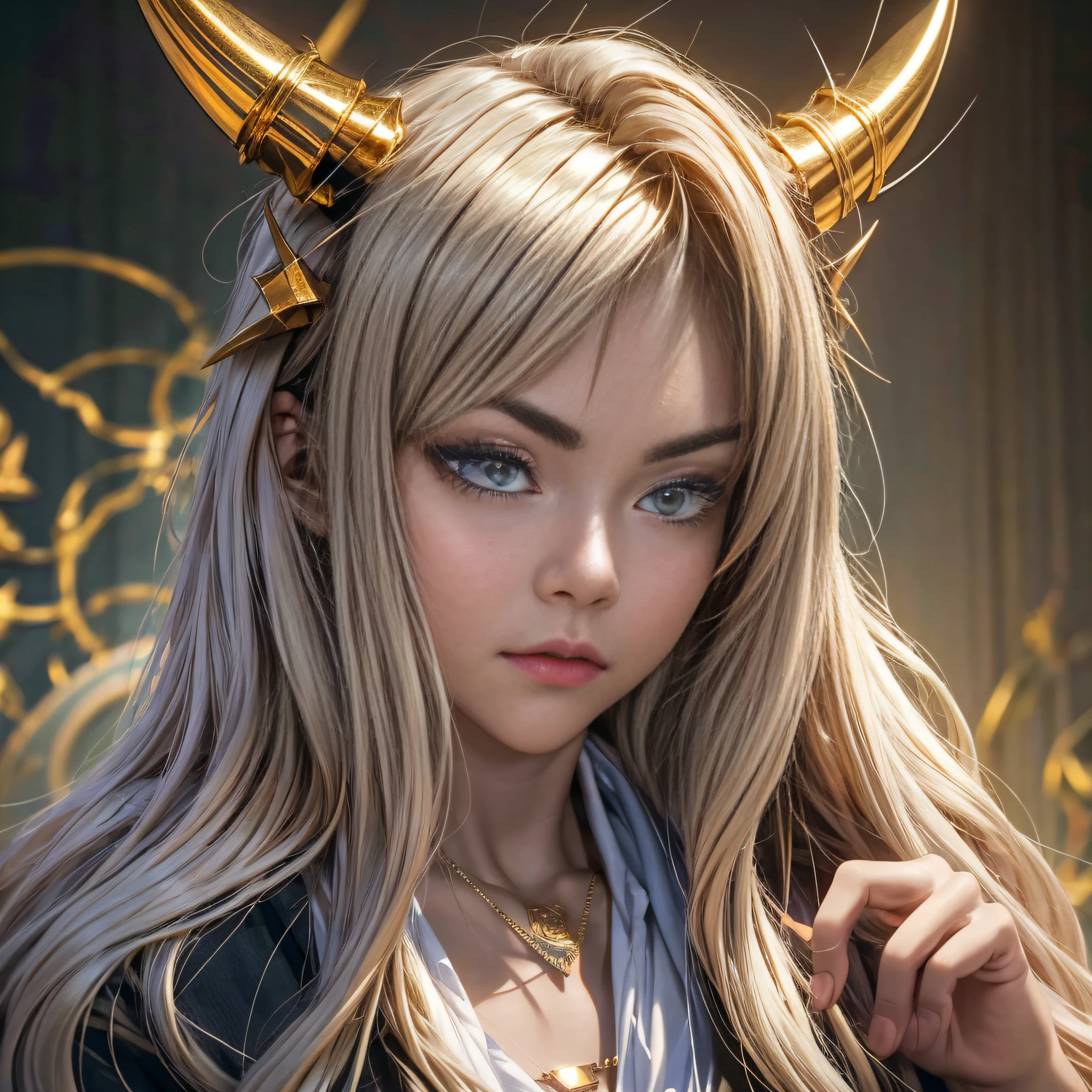 Adult female, long hair, shirt, golden eyes, vertical pupils, magic, tattoos, dragon horns, epic reality, necklace, (extreme detail CG Unity 8K wallpaper, masterpiece, highest quality), ray tracing, reflective glow white: 1.5, textured glossy orange: 1.3, overlook