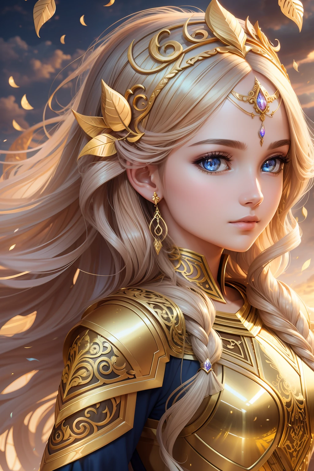 award winning concept art of (1girl:1.2) in golden shiny ornate armor, dawn, epic, god rays, centered, (masterpiece:1.2), (best quality:1.2), Amazing, highly detailed, beautiful, finely detail, warm soft color grading, Depth of field, extremely detailed 8k, fine art, stunning, iridescent, shiny, light reflections, crisp, curls, wind, flying leaves, serious, swirls