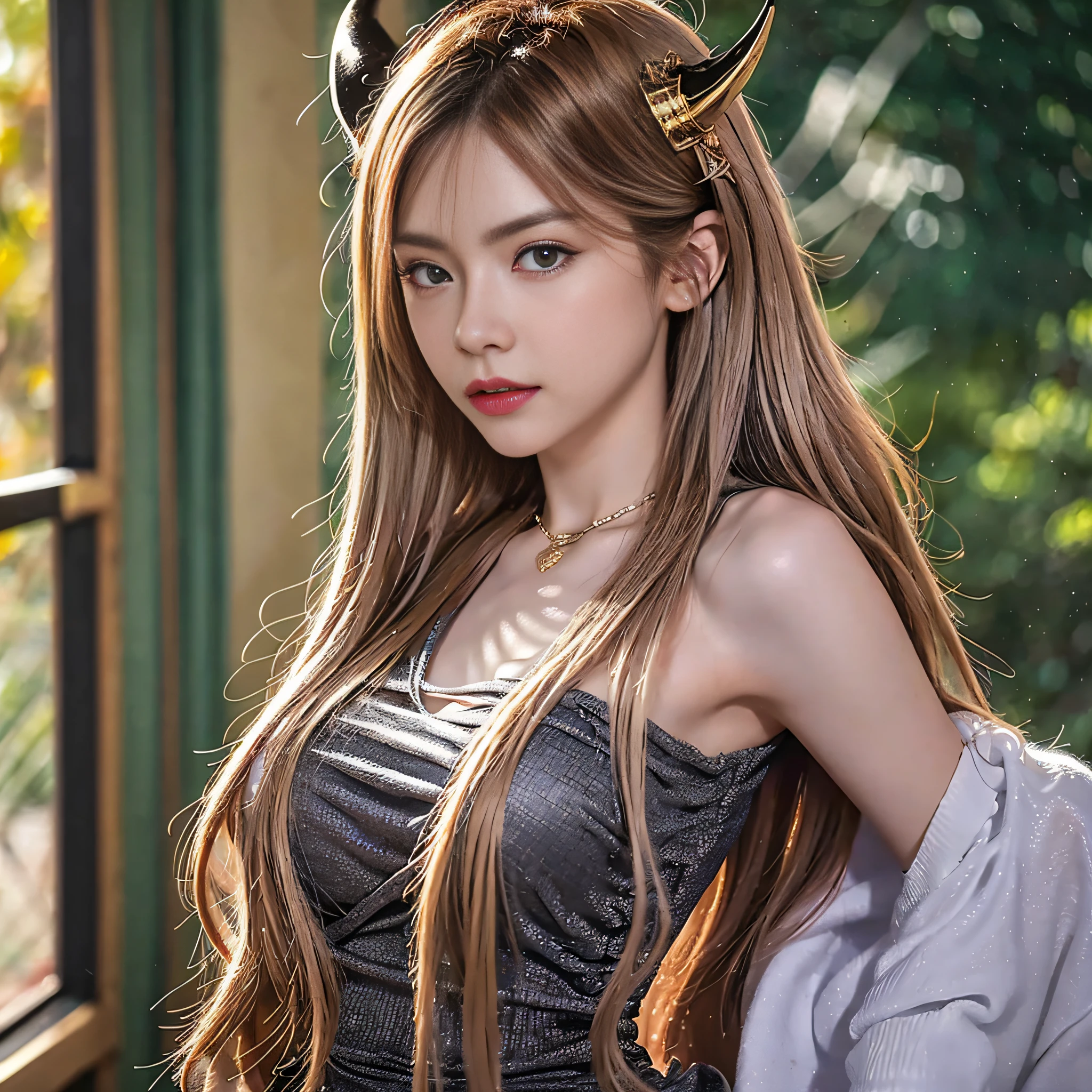Adult female, long hair, shirt, golden eyes, vertical pupils, magic, tattoos, dragon horns, epic reality, necklace, (extreme detail CG Unity 8K wallpaper, masterpiece, highest quality), ray tracing, reflective glow white: 1.5, textured glossy orange: 1.3, overlook
