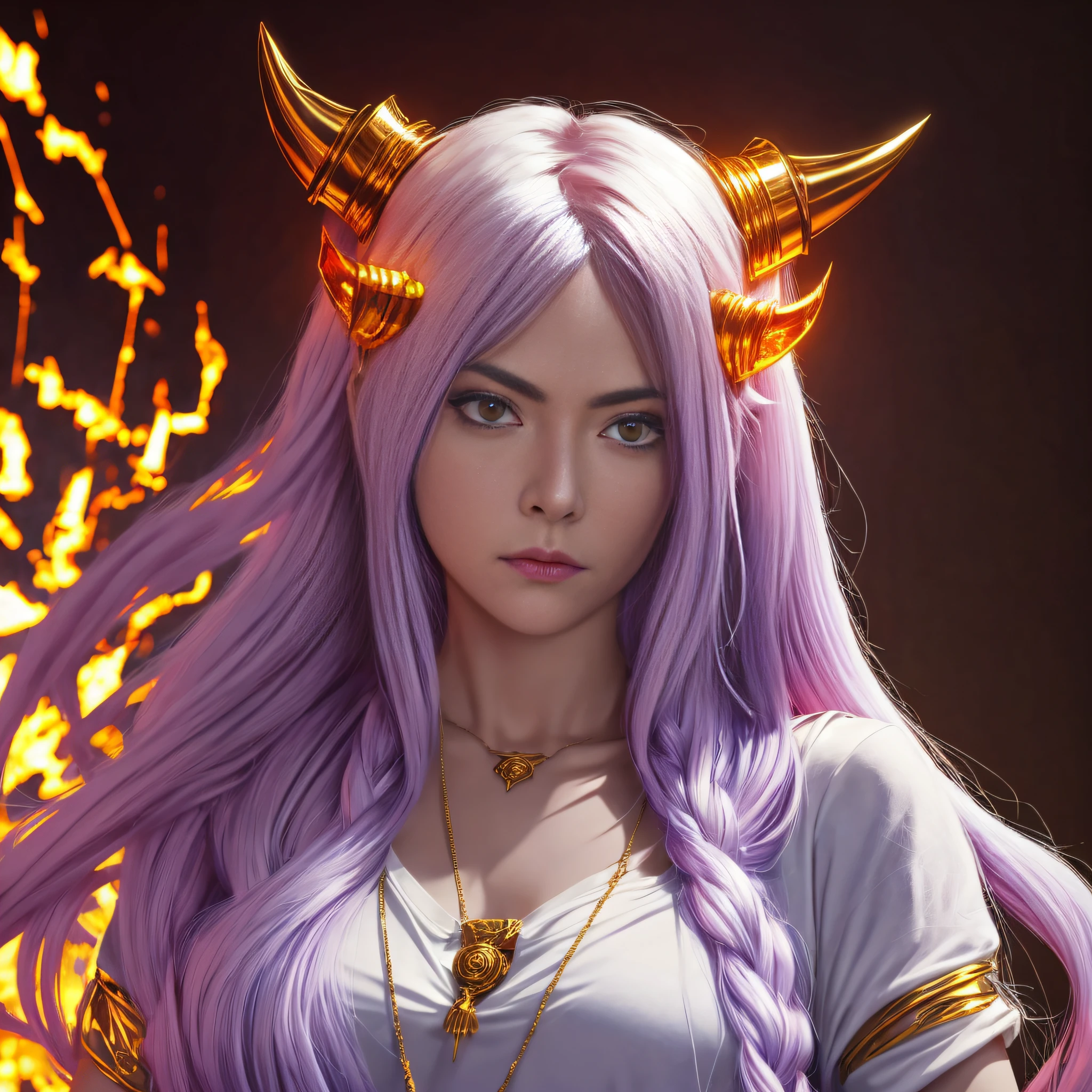 Adult female, long hair, shirt, golden eyes, vertical pupils, magic, tattoos, dragon horns, epic reality, necklace, (extreme detail CG Unity 8K wallpaper, masterpiece, highest quality), ray tracing, reflective glow white: 1.5, textured glossy orange: 1.3, overlook