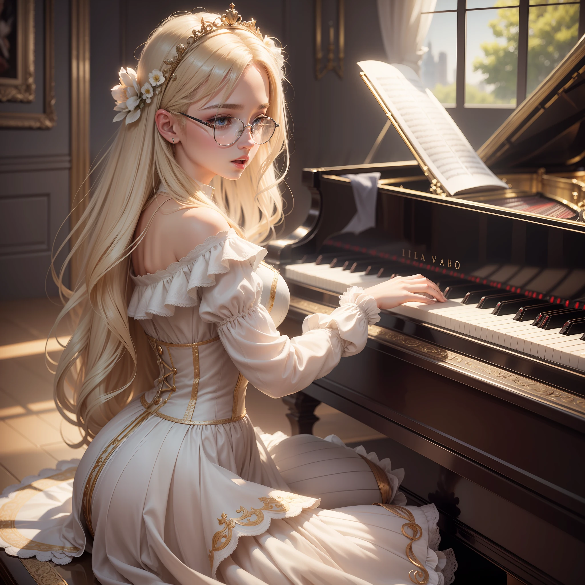 High Resolution, Top Quality, Masterpiece, Ultra High Quality, Ultra Detail, Ultra Realistic, 3D, One Woman, Very Beautiful Woman, Silver Round Glasses, Beautiful Blonde Straight Hair, Singing, Playing the Piano, Richly Decorated Grand Piano, Microphone, Live Stage, Viewfinder