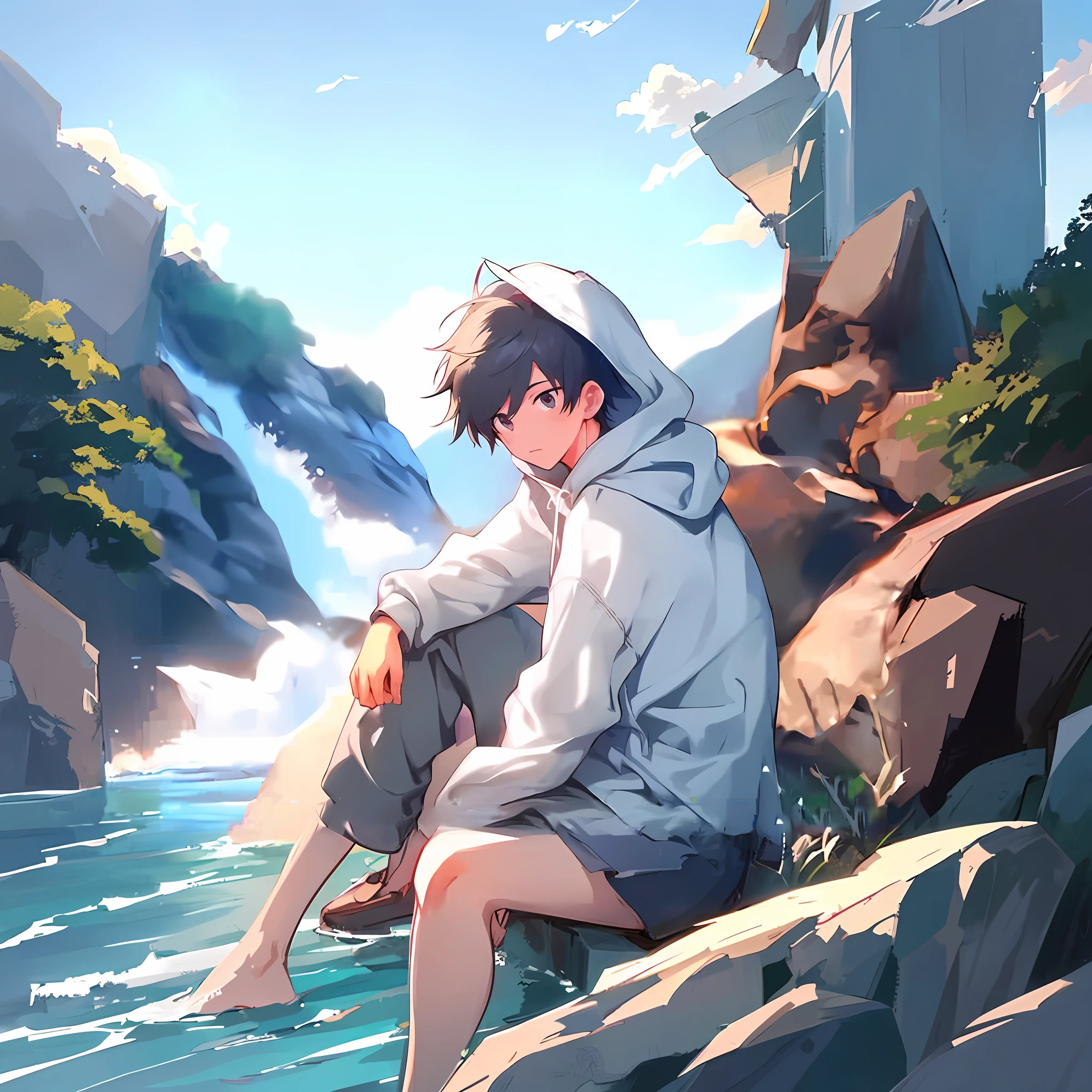 anime boy sitting on a rock by the water, high quality anime artstyle, makoto shinkai art style, makoto shinkai style, anime boy, handsome anime pose, makoto shinkai ( apex legends ), makoto shinkai!!, style of makoto shinkai, makoto shinkai. digital render, makoto shinkai!, anime artstyle