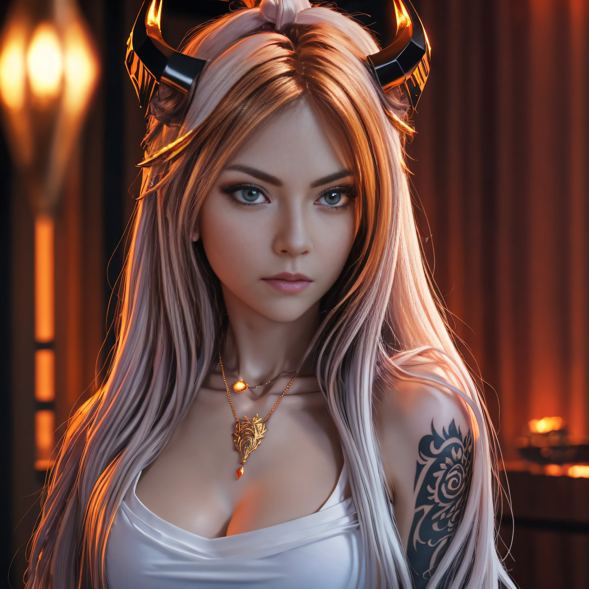 Adult female, long hair, shirt, golden eyes, vertical pupils, magic, tattoos, dragon horns, epic reality, necklace, (extreme detail CG Unity 8K wallpaper, masterpiece, highest quality), ray tracing, reflective glow white: 1.5, texture gloss orange: 1.3, (renders well enough to stand out in class)