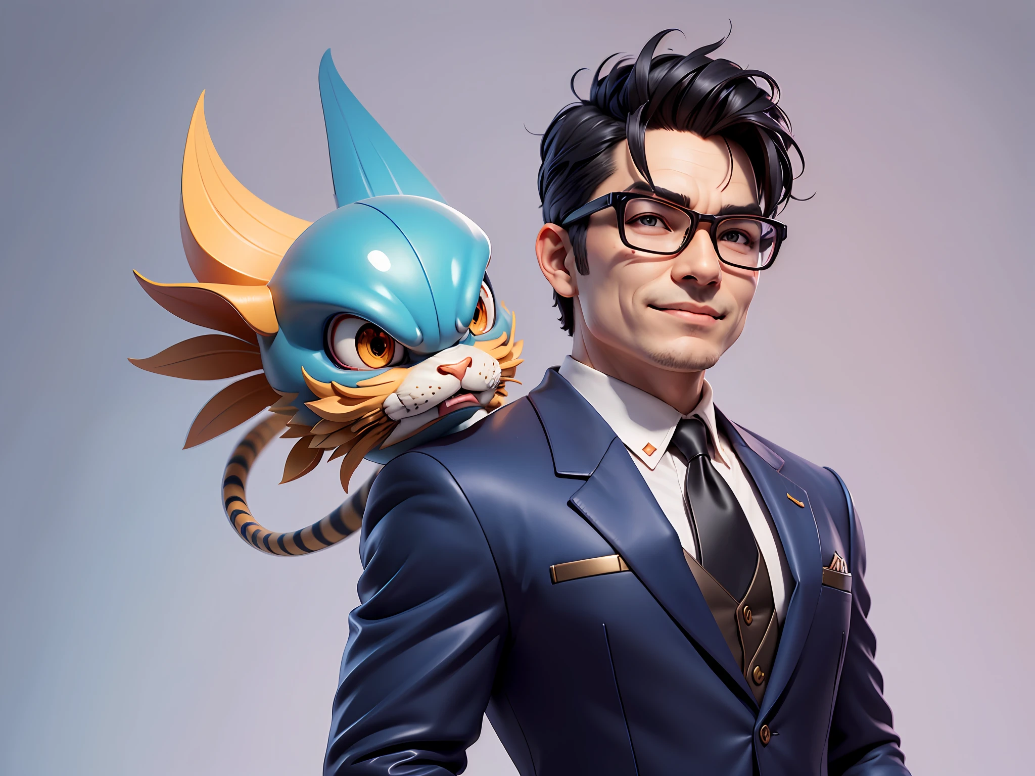 (Masterpiece), (Extreme Quality), (Super Meticulous), (Full Body: 1.2), Super Young Man, Chinese Dragon, Tiger, Wind God Thor, Sexy, Bursting, Oriental Face, TV Anchor, Bust Portrait Illustration, Black Formal Suit, Blue Tie, Slightly Chubby Face, Silver Glasses, Very Clean Face, No Beard on Chin, Black Super Short Hair, Black Eyes, Confident Smile, 3c Computer Sub-Products, iPad, iPhone, Digital Painting, 3D Character Design by Mark Claireden and Pixar and Hayao Miyazaki and Akira Toriyama, The illustration is a high-definition illustration in 4K resolution with very detailed facial features and cartoon-style visuals.