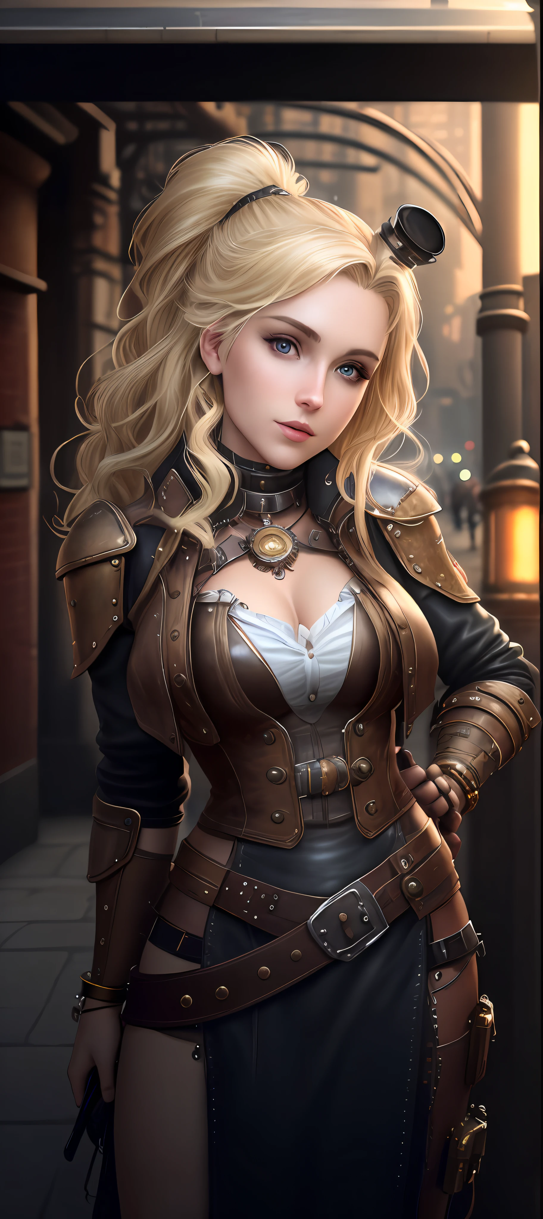 "Complete art masterpiece, high quality, ultra detailed in 4k, 8k, high resolution, hyper-realistic photo, hyper-detailed, realistic skin texture, amazing shadows, extremely detailed texture, perfect lighting, high-level image quality." A woman protagonist of a steam punk game, Fair skin, blond hair, outlined eyes, outlined face, bracelet, Full body, Nice leather clothes, steam punk dirty city on back