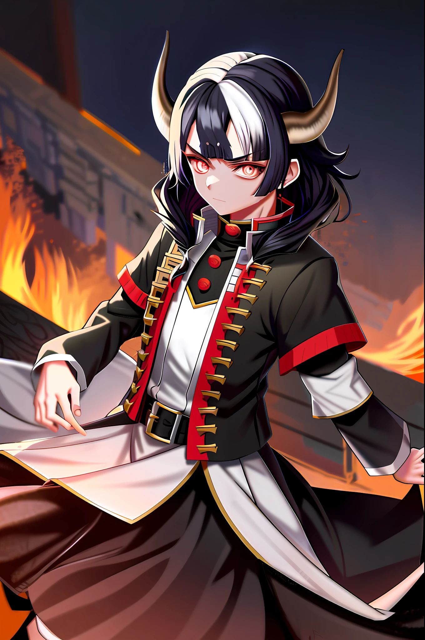 Kimetsu no yaiba, Boy with horns, anime version, long black hair, defined body, moonlight background, goat horn, details in black hair, 8k, hyper-detailed, perfect image, cinematic lighting, hdr, artwork.