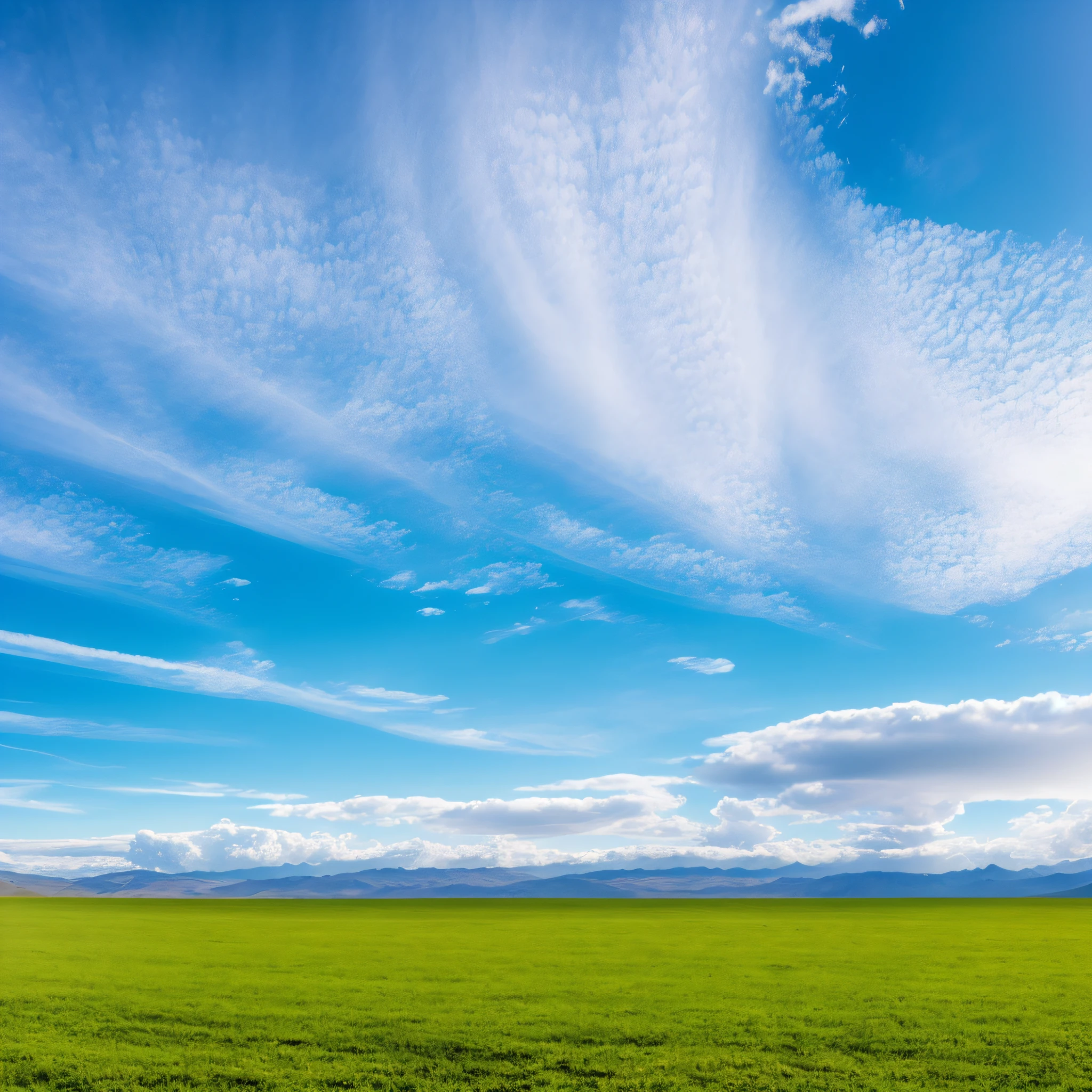 Blue sky with white cloud landscape background, highest possible quality, a stunning and secluded landscape, with slow motion panoramic effect and dynamic nuances of shadow and light, providing an expression of calm, vastness and gratification.