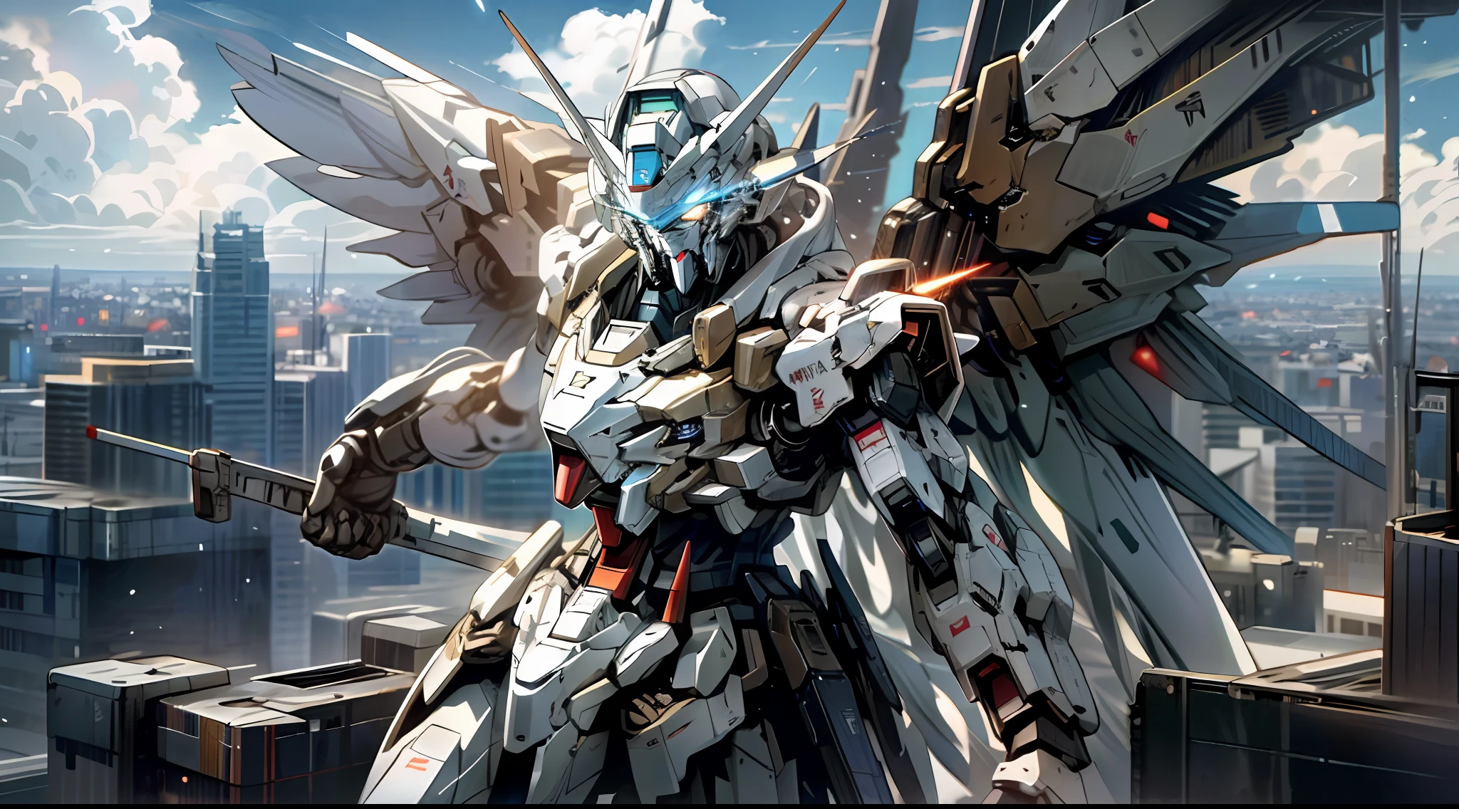 sky, cloud, holding_weapon, no_humans, glowing, building, glowing_eyes, gundam mecha with wings , science_fiction, city, realistic, high detail,