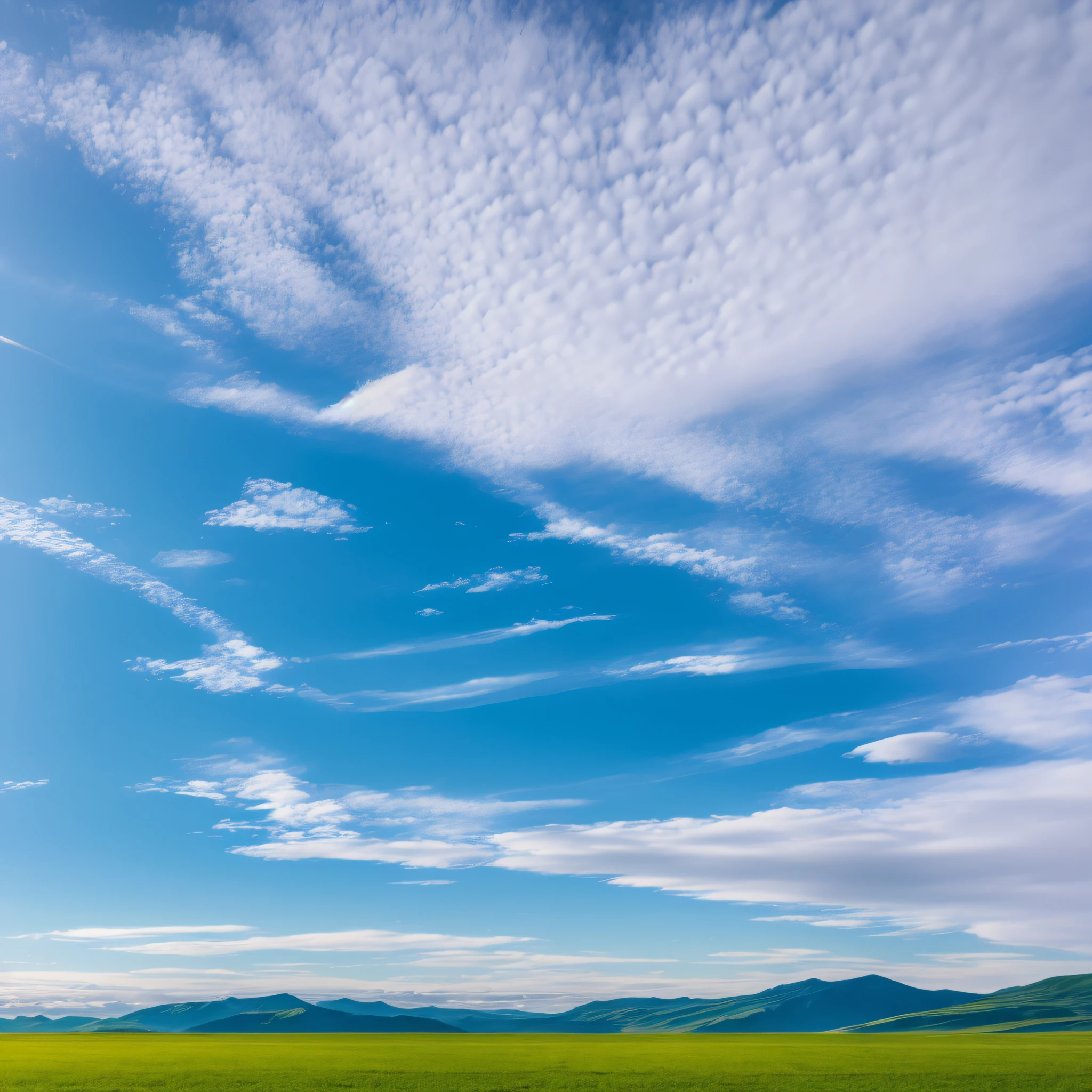 Blue sky with white cloud landscape background, highest possible quality, a stunning and secluded landscape, with slow motion panoramic effect and dynamic nuances of shadow and light, providing an expression of calm, vastness and gratification.