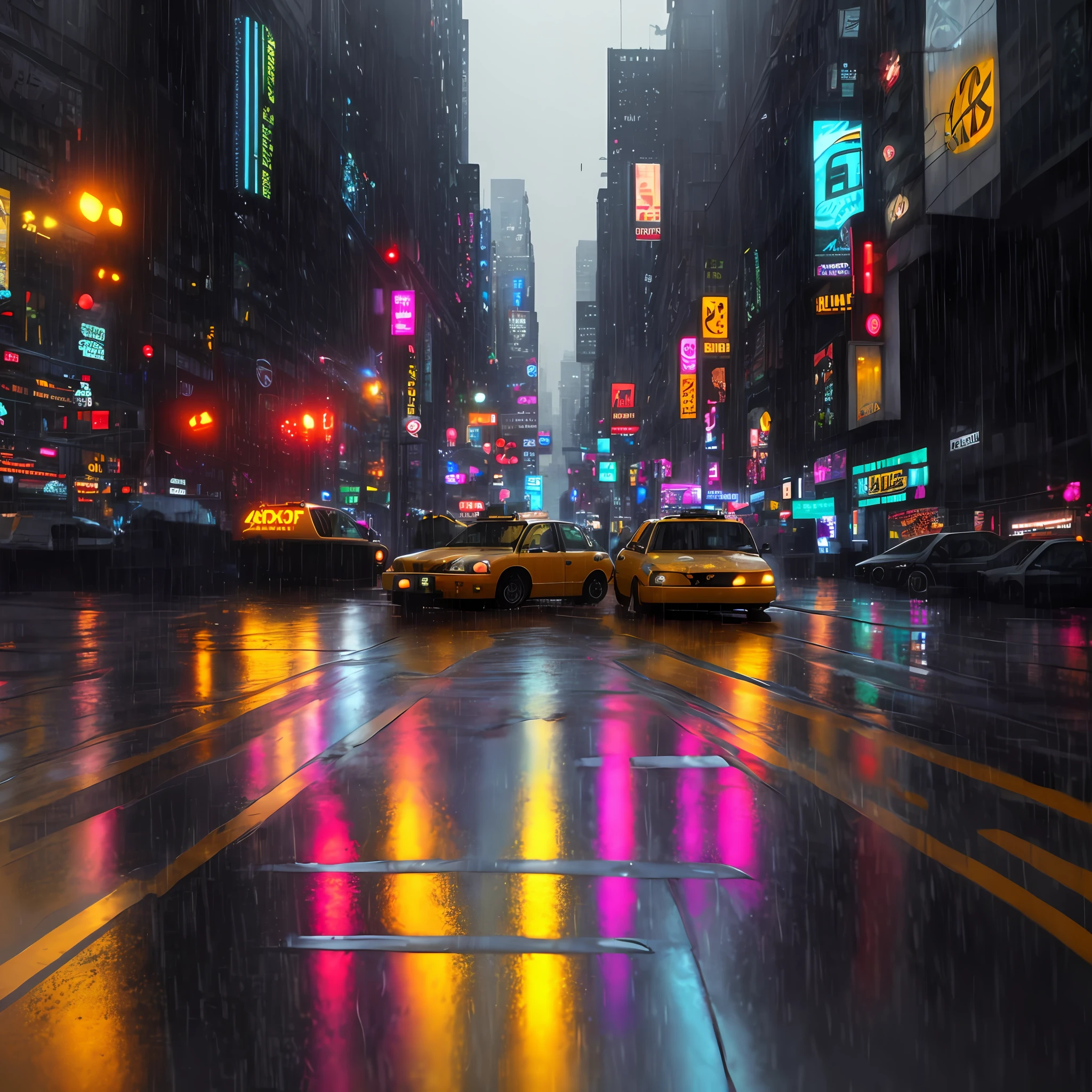 arafed view of a taxi cab driving down a city street in the rain, hyperrealistic concept art, rainy day. game render, rainy cyberpunk city, hyper-realistic cyberpunk style, rain. hyper detailed, hyper realistic cyberpunk city, highly realistic concept art, hyper realistic octane render, rainy urban streets, rainy streets in the background, 8k octane render photorealistic --auto --s2