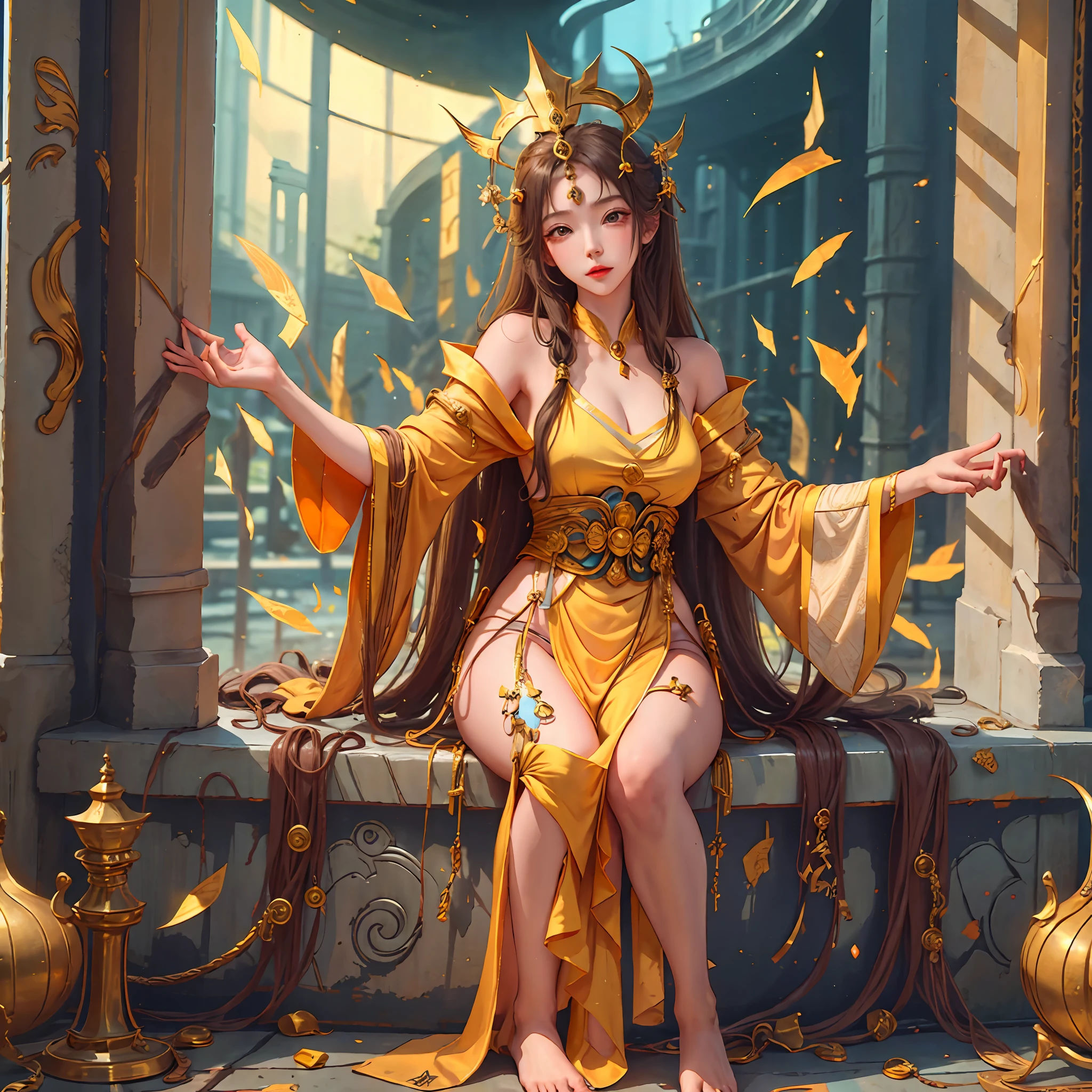 Female emperor, yellow robe, barefoot, --auto --s2