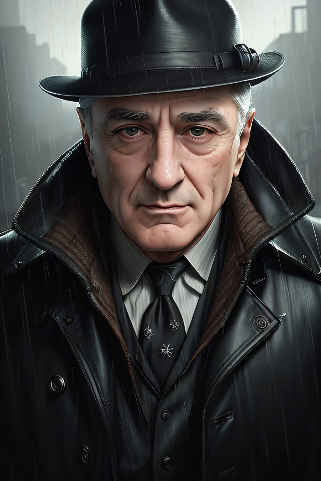 (masterpiece,best quality: 1.2), ultra-detailed face, (muted colours:1.2, dark studio, rim lighting, two tone lighting, dimly lit, low key, ), ((heavy rain weather)),long leather rain coat, a poster for a 1930s \(style\), noir detective movie,(noir atmosphere:1), gloomy atmosphere,night city street, emphasis on noir colors, New York in the 1930s, and Detective robert di niro just returned to his office after a long day of pounding the pavement, trying to solve the latest case that had been thrown his way. It was a tough one, and he was no closer to finding the perpetrator than he was when he started, trending on ArtStation, trending on CGSociety, Intricate, High Detail, dramatic, photorealistic painting art by midjourney and greg rutkowski,