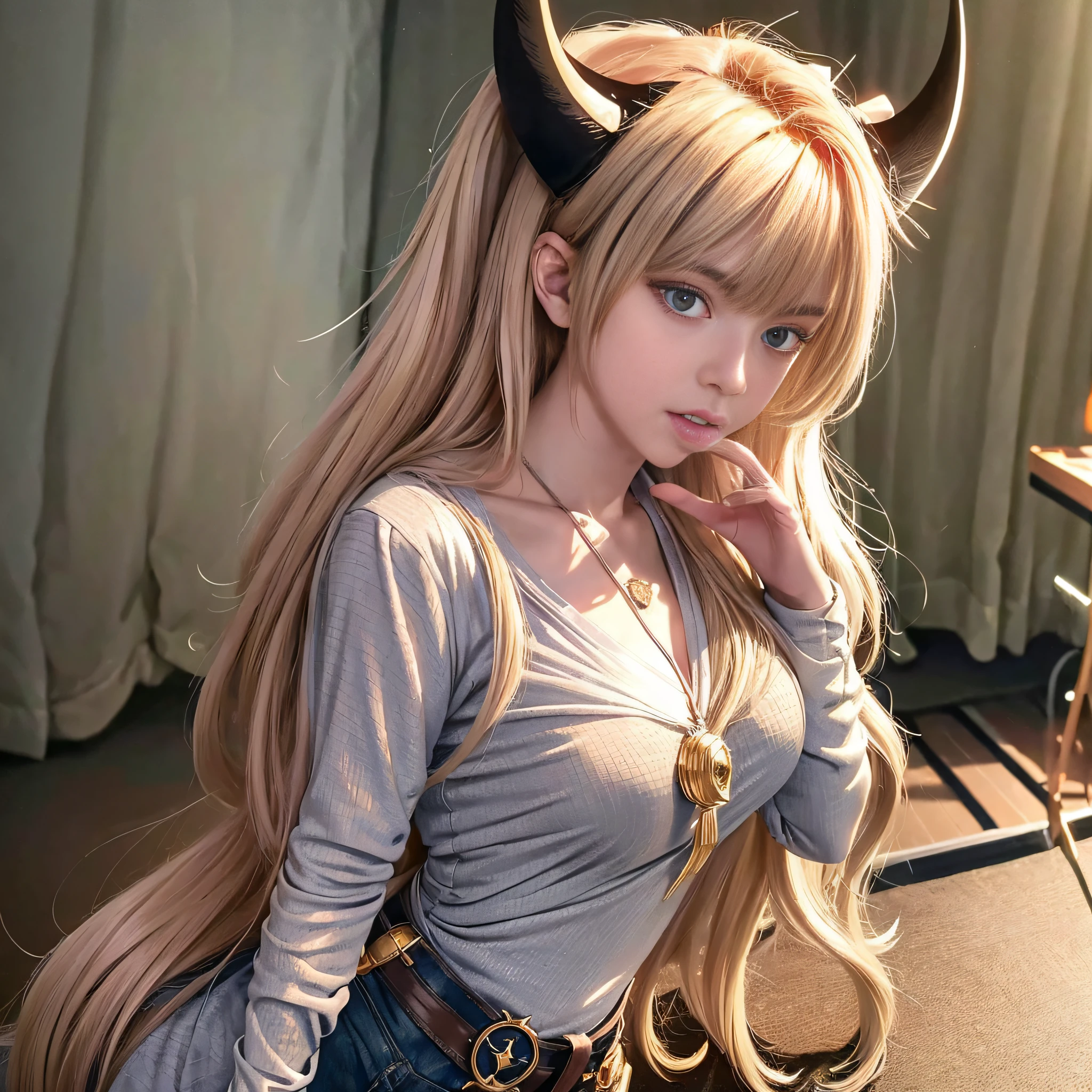 Adult female, long hair, shirt, golden eyes, vertical pupils, magic, tattoos, dragon horns, epic reality, necklace, (CG Unity 8K wallpaper with extreme detail, masterpiece, highest quality), ray tracing, reflective glow white: 1.5, textured gloss orange: 1.3, (rendering excellent enough to stand out in class), full body