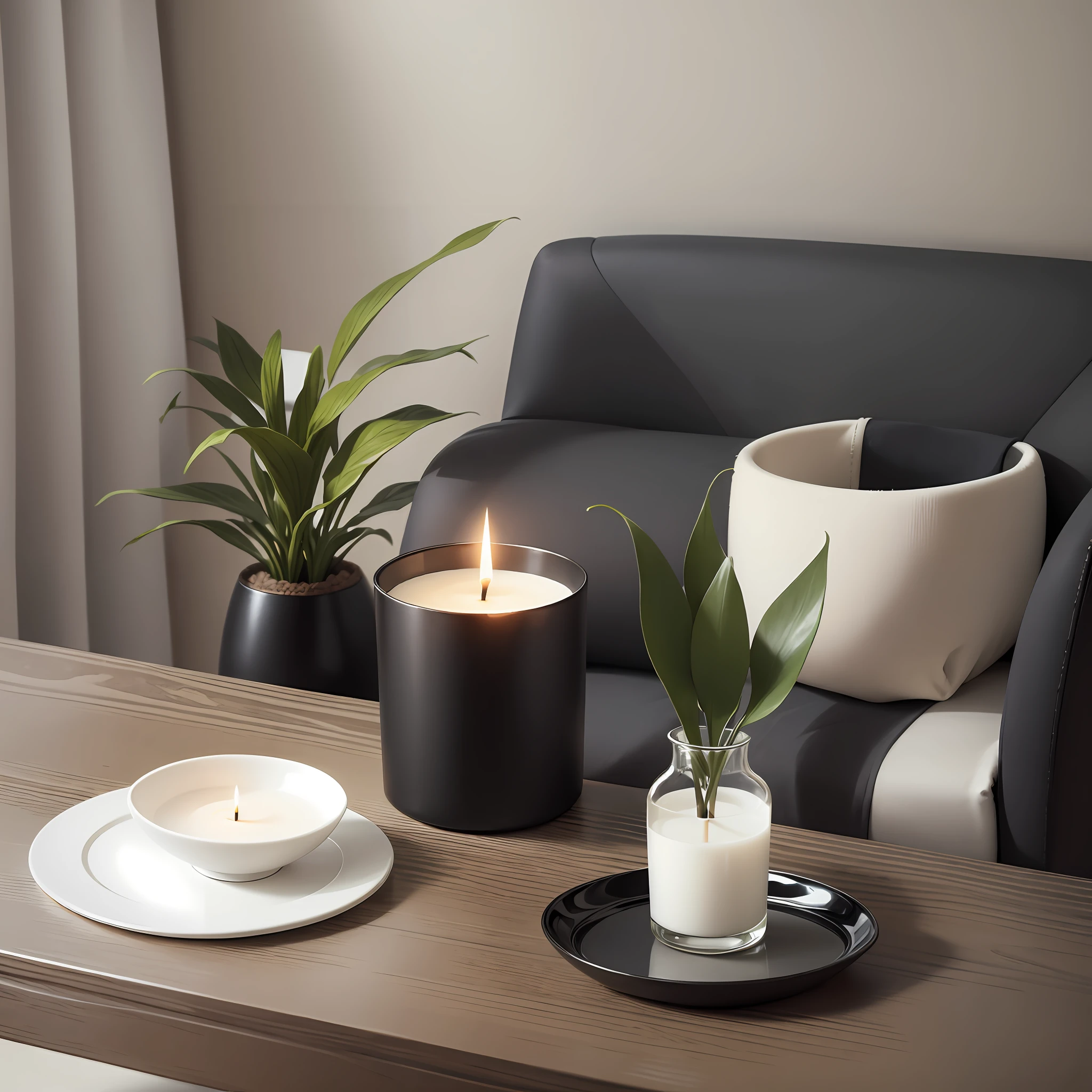 Aromatic candle made in black cup, white plant vase, modern minimalist cream style table. --auto --s2