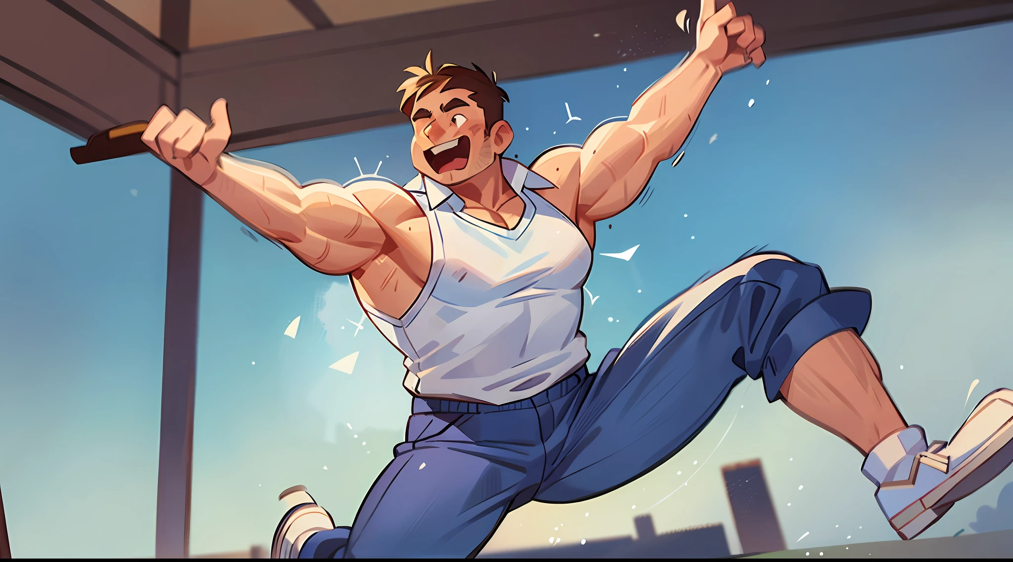 A 40-year-old uncle, muscular, wearing a white vest, blue trousers, happy, jumping up