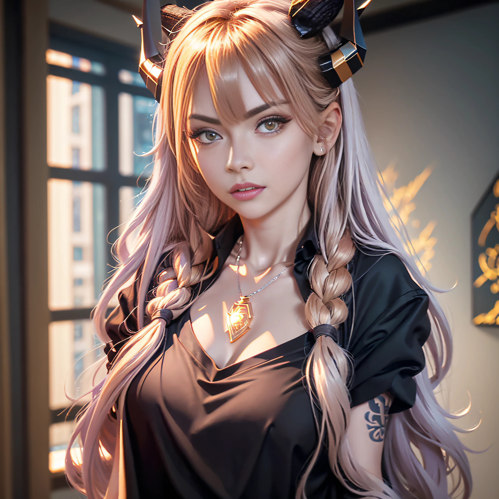 Adult female, long hair, shirt, golden eyes, vertical pupils, magic, tattoos, dragon horns, epic reality, necklace, (CG Unity 8K wallpaper with extreme detail, masterpiece, highest quality), ray tracing, reflective glow white: 1.5, textured gloss orange: 1.3, (rendering excellent enough to stand out in class), full body