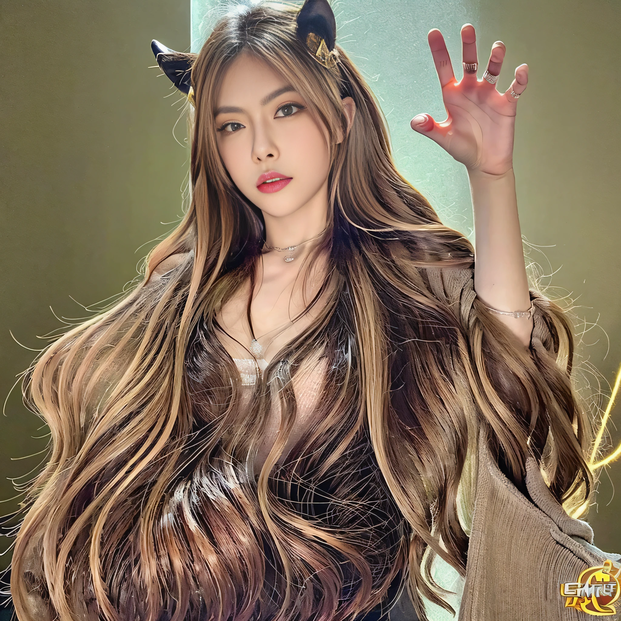 Adult female, long hair, shirt, golden eyes, vertical pupils, magic, tattoos, dragon horns, epic reality, necklace, (CG Unity 8K wallpaper with extreme detail, masterpiece, highest quality), ray tracing, reflective glow white: 1.5, textured gloss orange: 1.3, (rendering excellent enough to stand out in class), full body