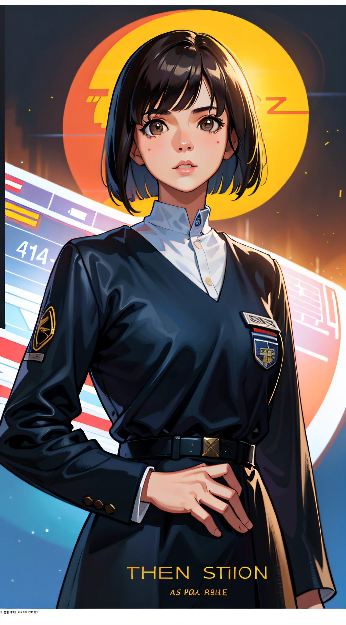 Science fiction, science fiction, science fiction movies, movie posters, movie quotes, 1984 movie references, rebel stories, female 14, minor, brown eyes, black Bob short hair, dress, doctor uniform, realistic face resolution, realism, object resolution