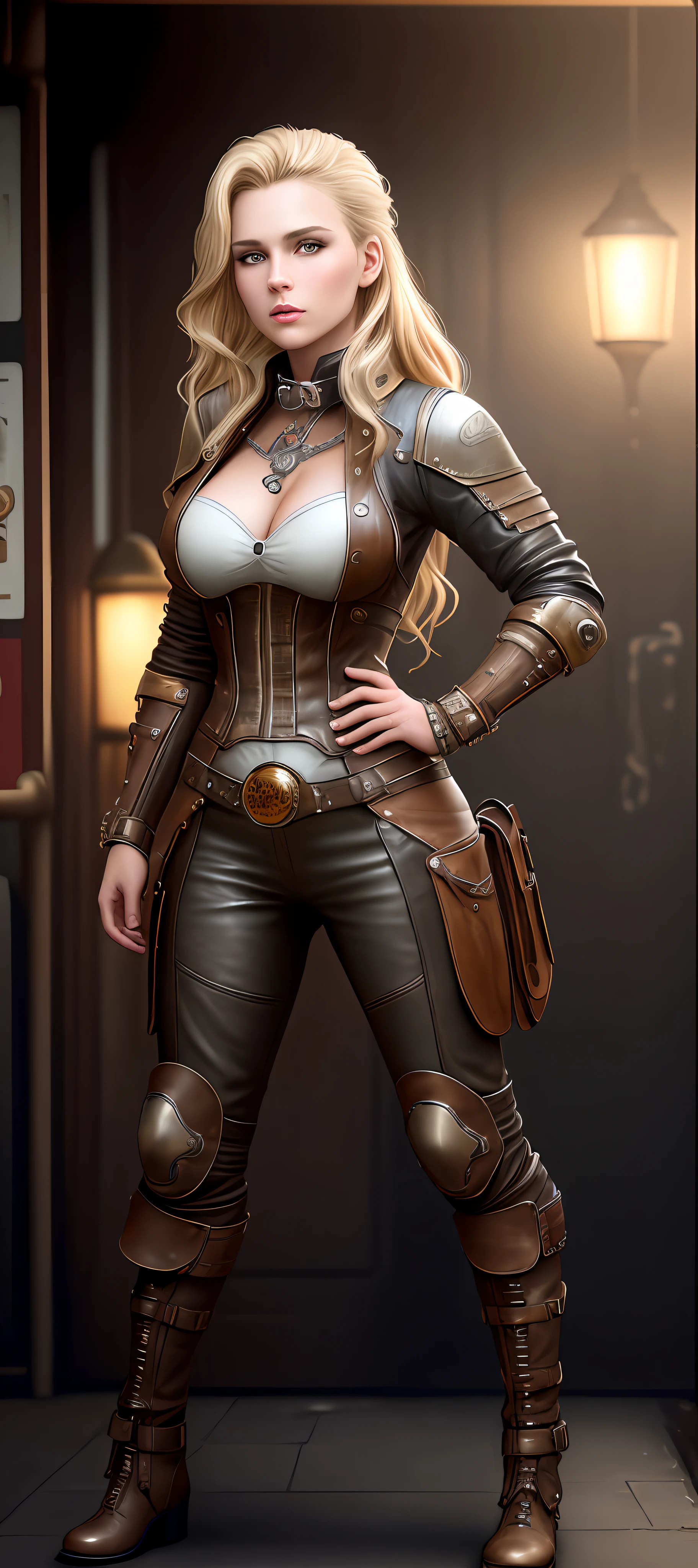 "Complete art masterpiece, high quality, ultra detailed in 4k, 8k, high resolution, hyper-realistic photo, hyper-detailed, realistic skin texture, amazing shadows, extremely detailed texture, perfect lighting, high-level image quality." A woman protagonist of a steam punk game, Fair skin, blond hair, outlined eyes, outlined face, bracelet, Full body, Nice leather clothes, steam punk dirty city on back, steamy motorcycle