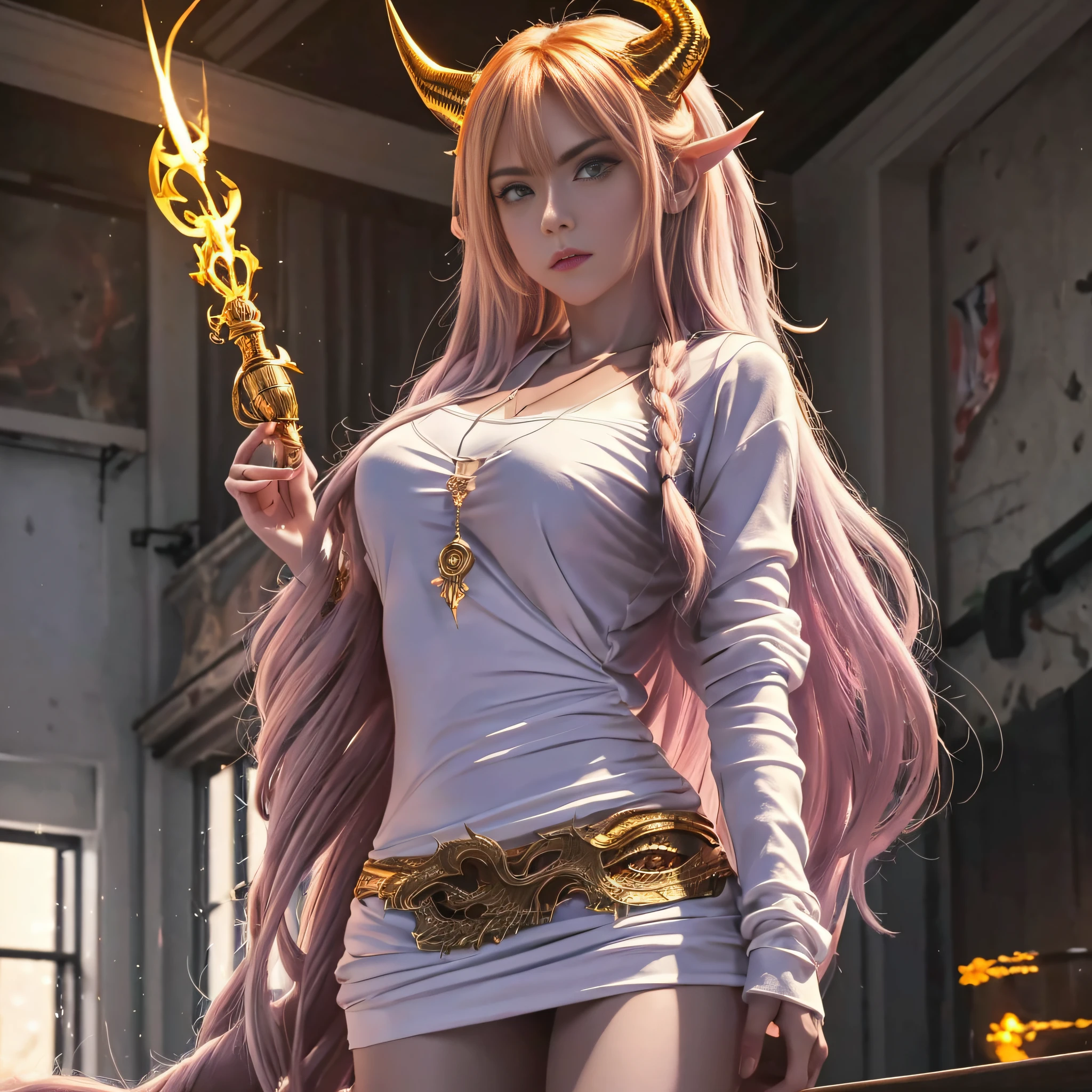 Adult female, long hair, shirt, golden eyes, vertical pupils, magic, tattoos, dragon horns, epic reality, necklace, (CG Unity 8K wallpaper with extreme detail, masterpiece, highest quality), ray tracing, reflective glow white: 1.5, textured gloss orange: 1.3, (rendering excellent enough to stand out in class), full body