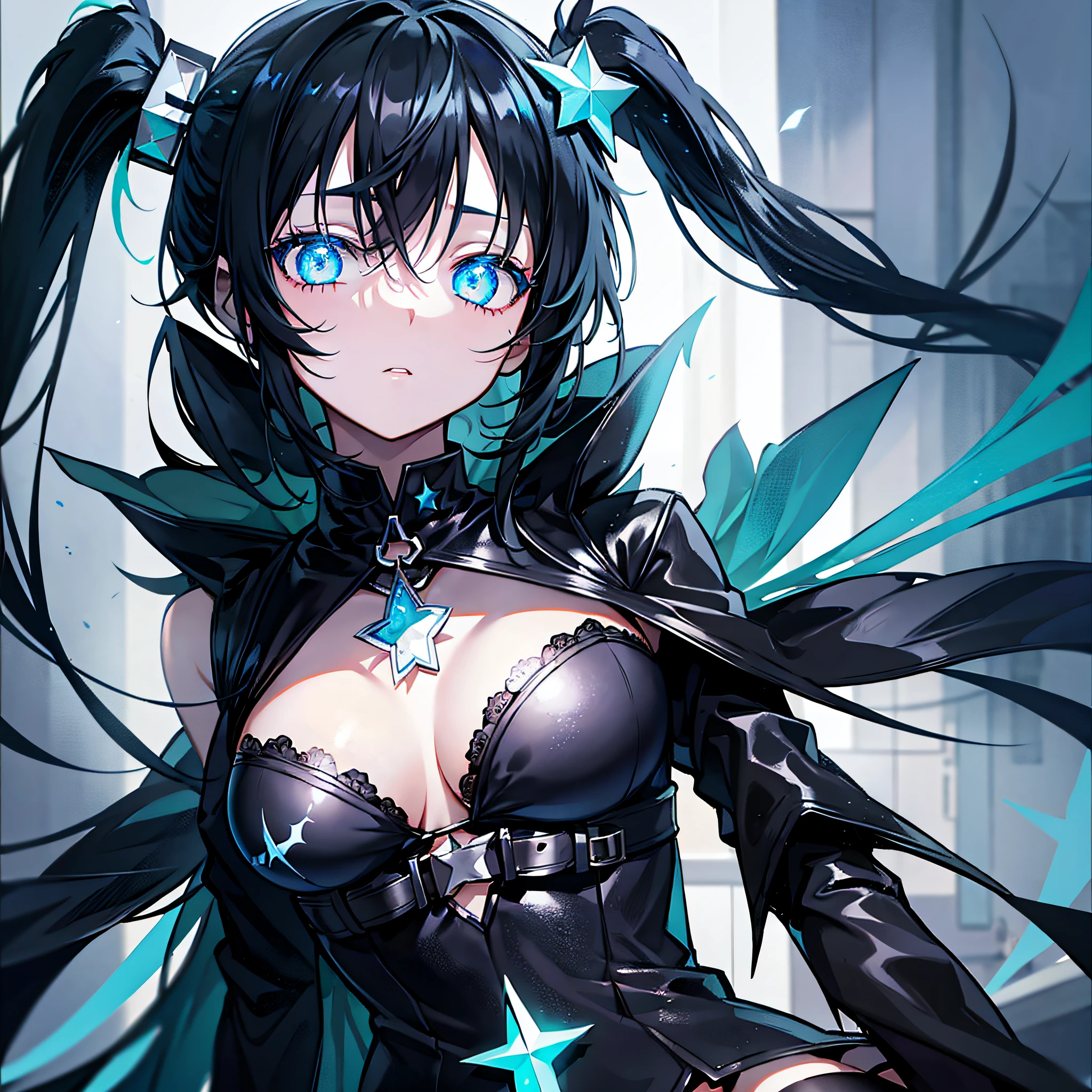 Black ★ Rock Shooter, delicate and beautiful face, blue glowing eyes