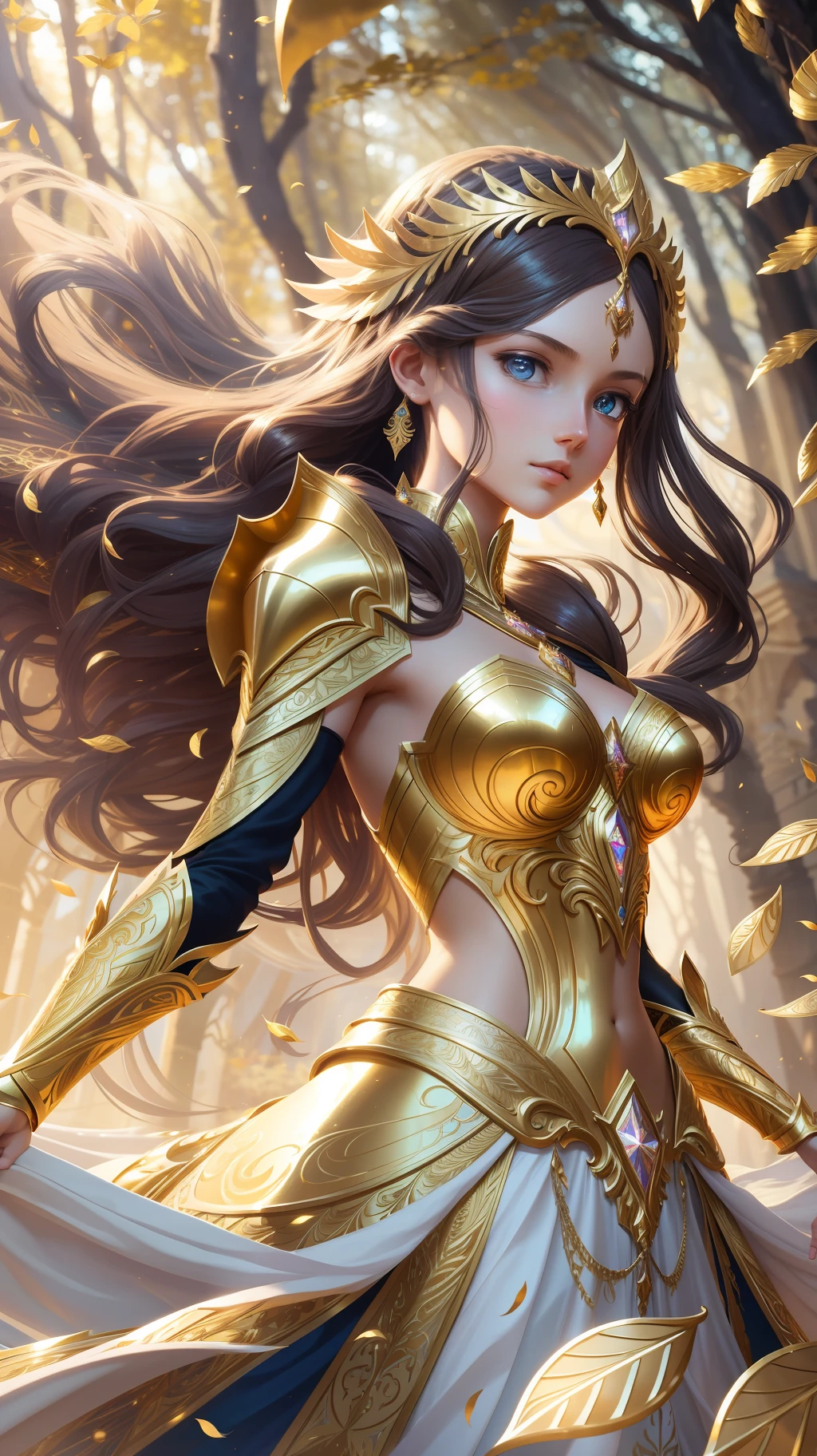 award winning concept art of tall (1girl:1.2) in golden shiny ornate armor, epic, god rays, centered, (masterpiece:1.2), (best quality:1.2), Amazing, highly detailed, beautiful, finely detail, warm soft color grading, Depth of field, extremely detailed 8k, fine art, stunning, iridescent, shiny, light reflections, crisp, curls, wind, flying leaves
