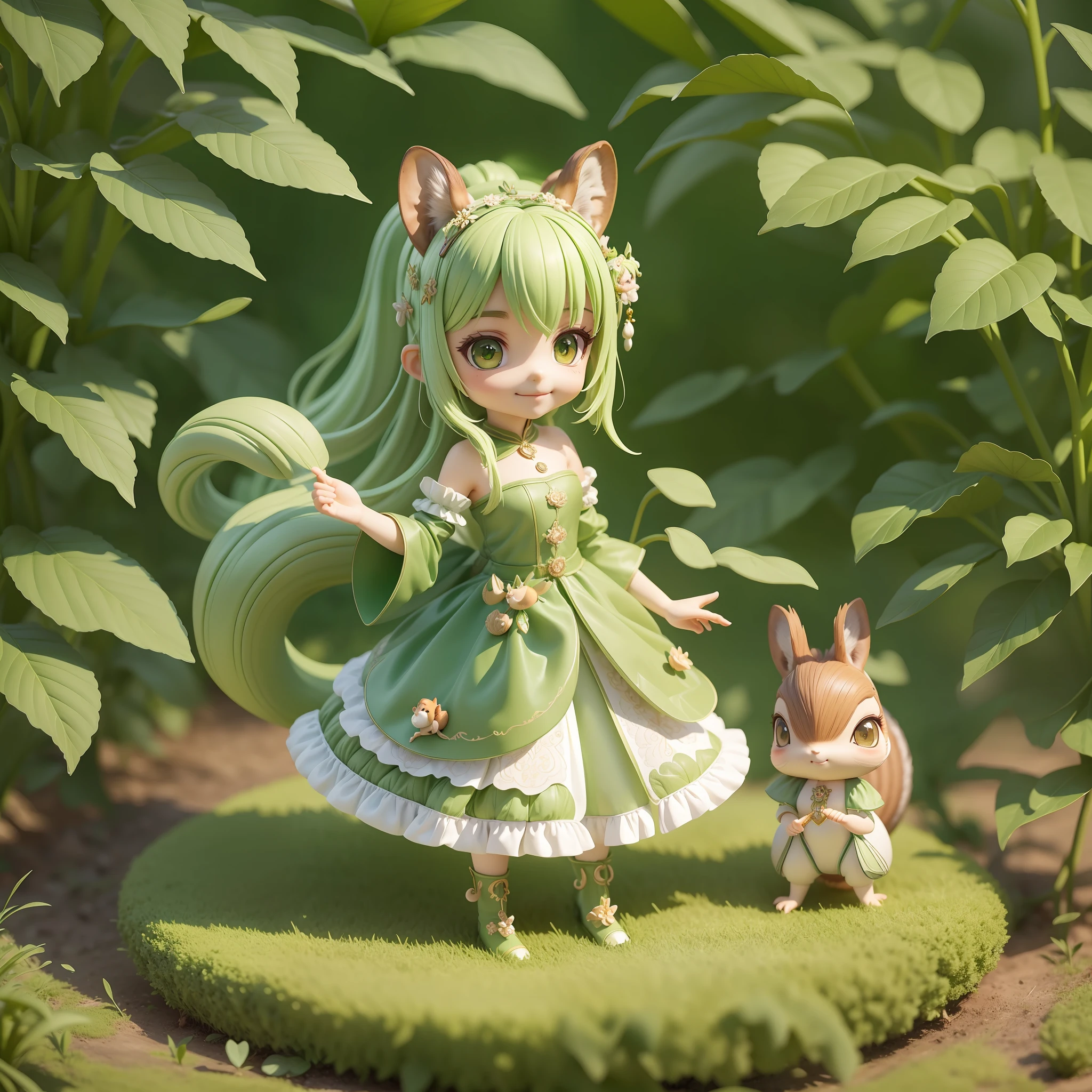 Masterpiece, Best Quality, Lots of Detail, (Full Body:1.2), Chibi, Plant Girl, Pale Green Hair, Magician Long Dress, Lively, Squirrel Ears, Squirrel Man, Squirrel Tail, Squirrel, Big Eyes, Smile, 3D Rendering, Q Print Style