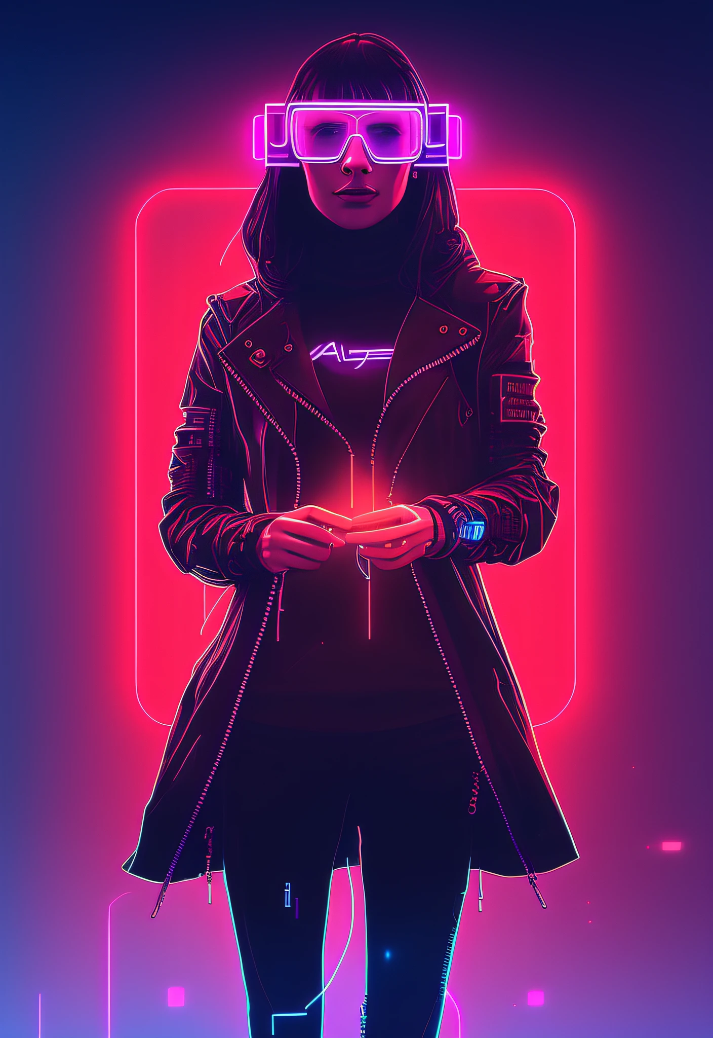 arafed image of a woman in a black coat and glasses with blue neon light display, cyberpunk art style, cyberpunk art style, cyberpunk digital art, cyberpunk theme art, cyberpunk hero, cyberpunk neon, dark cyberpunk illustration, cyberpunk girl portrait, cyberpunk neon, has cyberpunk style, cyberpunk digital painting, high quality cyberpunk art, cyberpunk style, cyberpunk vibe