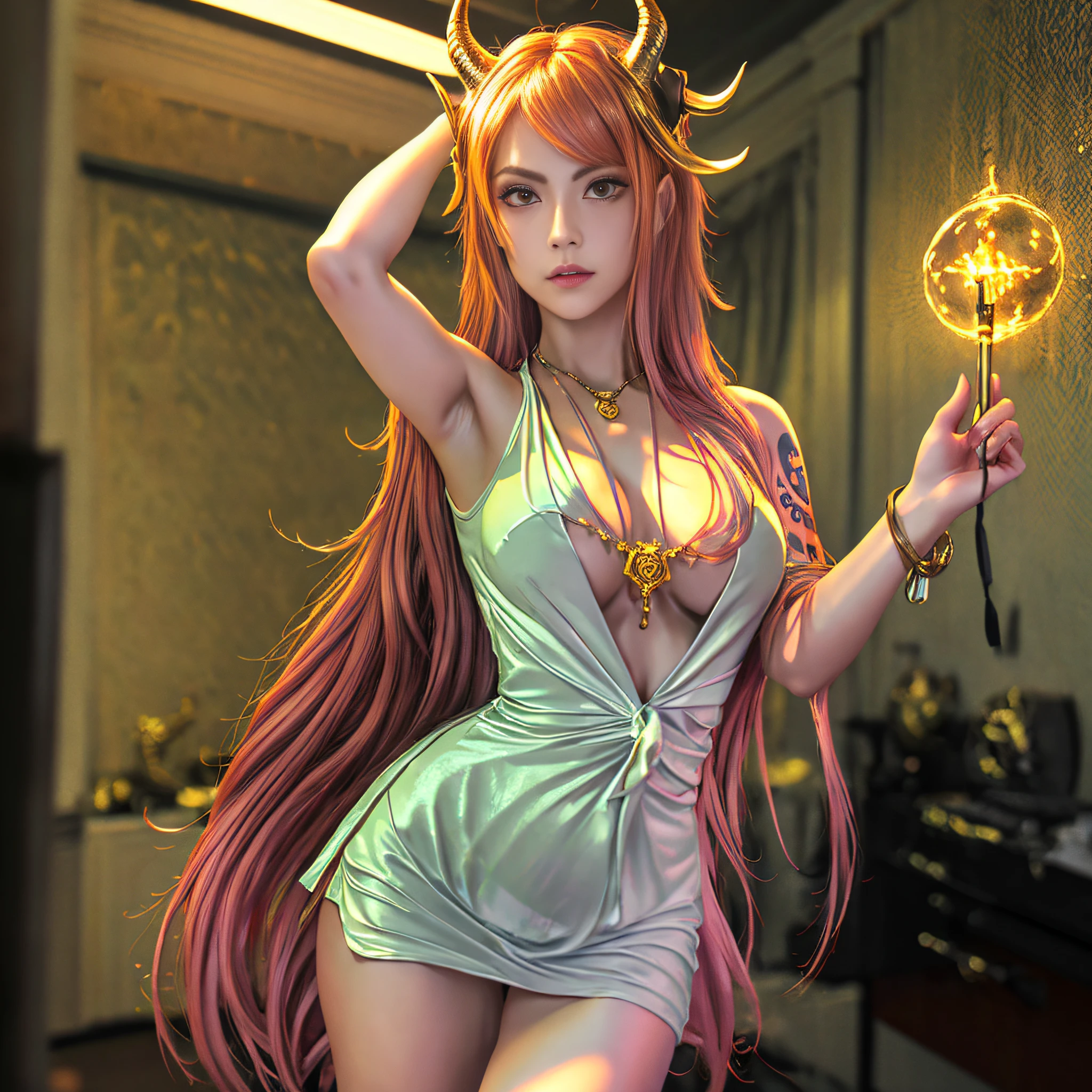 Adult female, long hair, shirt, golden eyes, vertical pupils, magic, tattoos, dragon horns, epic reality, necklace, (CG Unity 8K wallpaper with extreme detail, masterpiece, highest quality), ray tracing, reflective glow white: 1.5, textured gloss orange: 1.3, (rendering excellent enough to stand out in class), full body