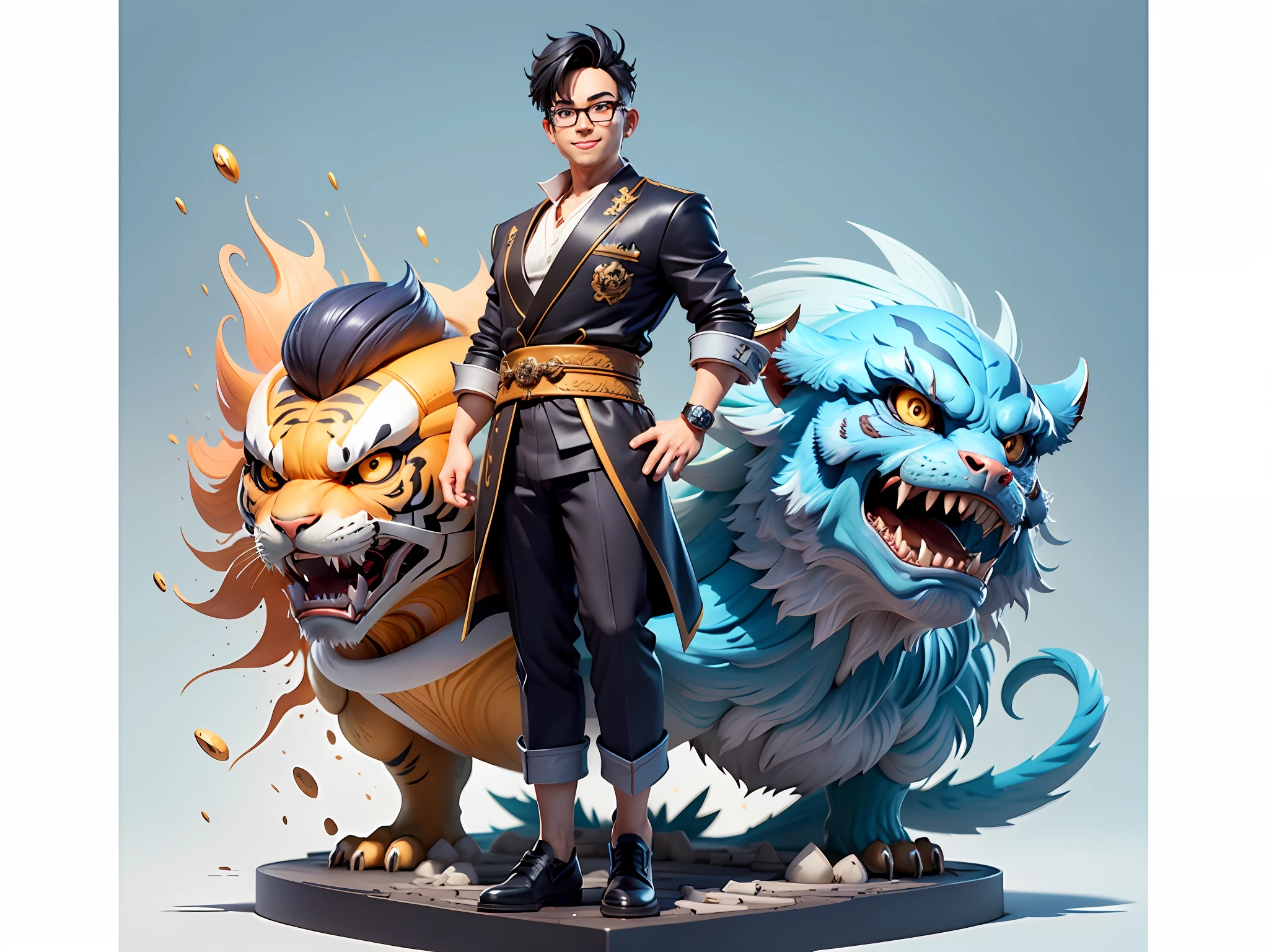 (Masterpiece), (Excellent), (Super Meticulous), (Full Body: 1.2), Super Young Woman, Japanese Geisha, Beauty, Chinese Dragon, Tiger, Wind God Thor, Sexy, Bursting, Oriental Face, TV Anchor, Bust Portrait Illustration, Alone, Black Suit, Blue Tie, Slightly Chubby, Very Clean Face, Silver Glasses, Black Super Short Hair, Black Eyes, Confident Smile, 3c Computer Sub-Products, iPad, iPhone, Digital Painting, 3D character design by Mark Clairedon and Pixar and Hayao Miyazaki and Akira Toriyama, the illustrations are HD illustrations in 4K resolution with highly detailed facial features and cartoon-style visuals.
