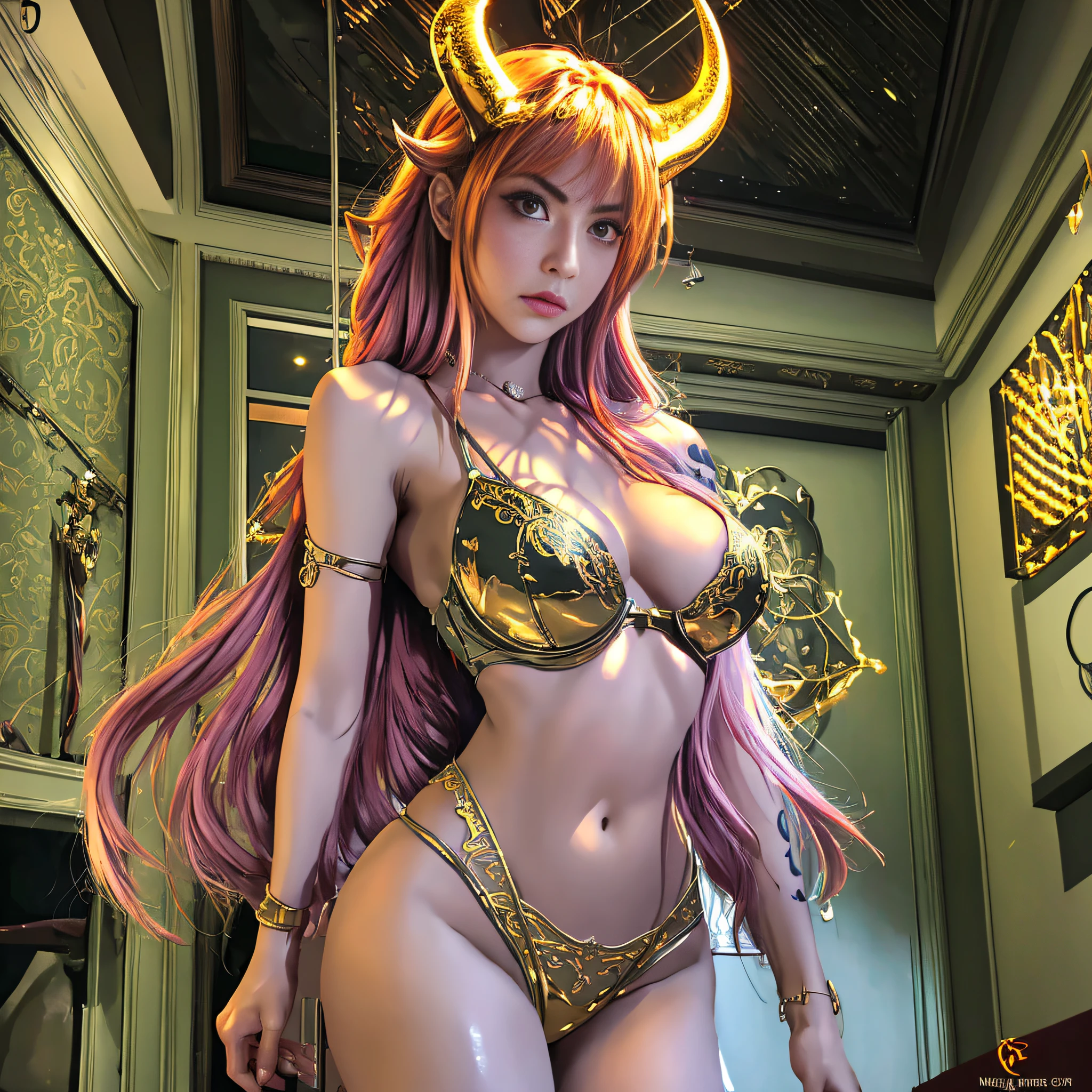 Adult female, long hair, lingerie, golden eyes, vertical pupils, magic, tattoos, dragon horns, epic reality, necklace, (extreme detail CG Unity 8K wallpaper, masterpiece, highest quality), ray tracing, reflective glow white: 1.5, textured gloss orange: 1.3, (rendering excellent enough to stand out in its class), full body