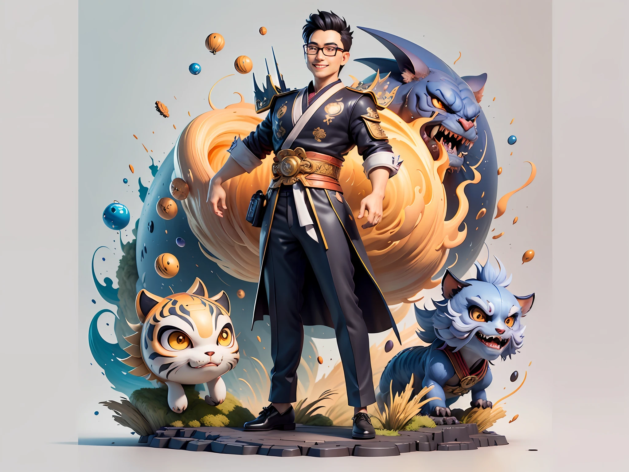 (Masterpiece), (Excellent), (Super Meticulous), (Full Body: 1.2), Super Young Woman, Japanese Geisha, Beauty, Chinese Dragon, Tiger, Wind God Thor, Sexy, Bursting, Oriental Face, TV Anchor, Bust Portrait Illustration, Alone, Black Suit, Blue Tie, Slightly Chubby, Very Clean Face, Silver Glasses, Black Super Short Hair, Black Eyes, Confident Smile, 3c Computer Sub-Products, iPad, iPhone, Digital Painting, 3D character design by Mark Clairedon and Pixar and Hayao Miyazaki and Akira Toriyama, the illustrations are HD illustrations in 4K resolution with highly detailed facial features and cartoon-style visuals.