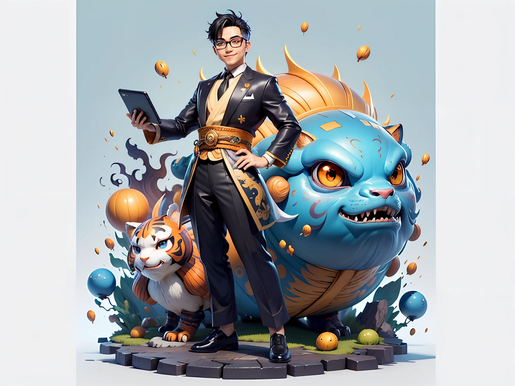 (Masterpiece), (Excellent), (Super Meticulous), (Full Body: 1.2), Super Young Woman, Japanese Geisha, Beauty, Chinese Dragon, Tiger, Wind God Thor, Sexy, Bursting, Oriental Face, TV Anchor, Bust Portrait Illustration, Alone, Black Suit, Blue Tie, Slightly Chubby, Very Clean Face, Silver Glasses, Black Super Short Hair, Black Eyes, Confident Smile, 3c Computer Sub-Products, iPad, iPhone, Digital Painting, 3D character design by Mark Clairedon and Pixar and Hayao Miyazaki and Akira Toriyama, the illustrations are HD illustrations in 4K resolution with highly detailed facial features and cartoon-style visuals.