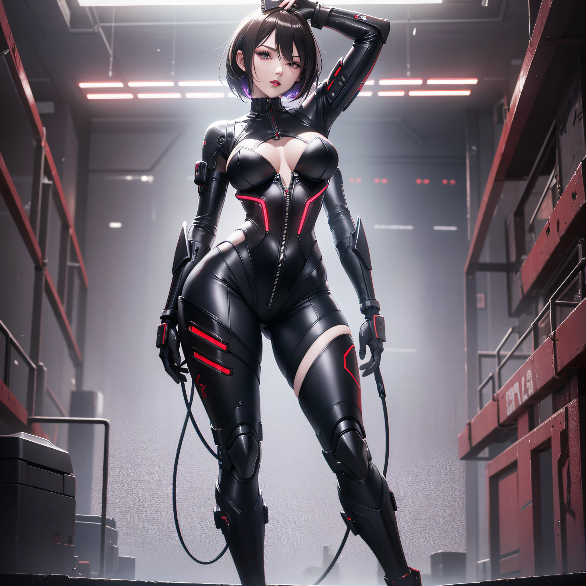(8k, RAW photos, top quality, masterpiece: 1.2), illustration, girl, Japan, solo, woman in her 30s, brown hair, short cut, full body, slim body, cyborg, robot parts, 150mm, beautiful studio soft light, rim light, vivid details, gorgeous cyberpunk delicate body, surreal and anatomical, facial muscles, There are women wearing cablewire small breasts,, corsets, black and white costumes, cyberpunk costumes, Japan tech wear, intriguing costumes, all-black cyberpunk clothes, cyberpunk style costumes, female cyberpunk anime girls, cyberpunk streetwear, cyberpunk dresses, anime girl cosplay, techwear women pictures, cyberpunk anime girls, cyberpunk streetwear, maid clothes, eyeshadow black eyes, bright red lips, professional lighting, wide skin areas, tattoos, a large amount of hair under the armpits, fitted crotch, tattoo lot, smart body, full body, cyborg, elegant, beautiful background, octane rendering, HR giger style, purple, high heels, armor, chain,small breasts,